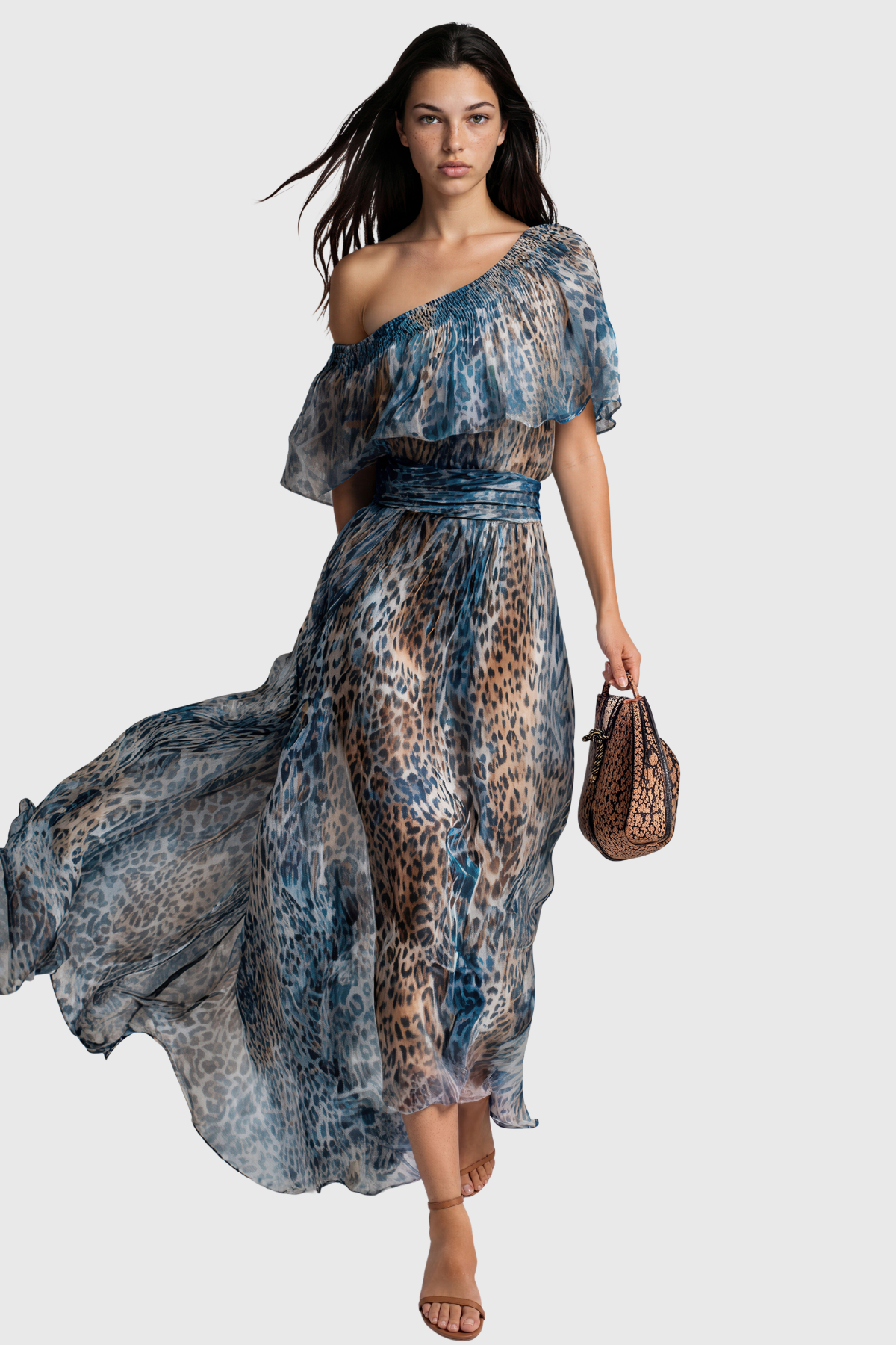 Iovita One Shoulder Leopard Ruch Maxi Dress