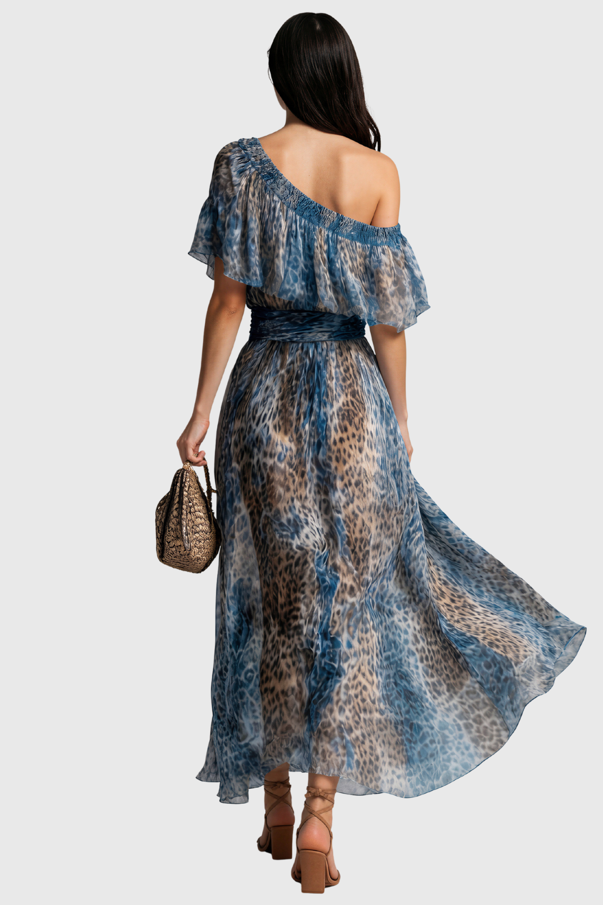 Iovita One Shoulder Leopard Ruch Maxi Dress