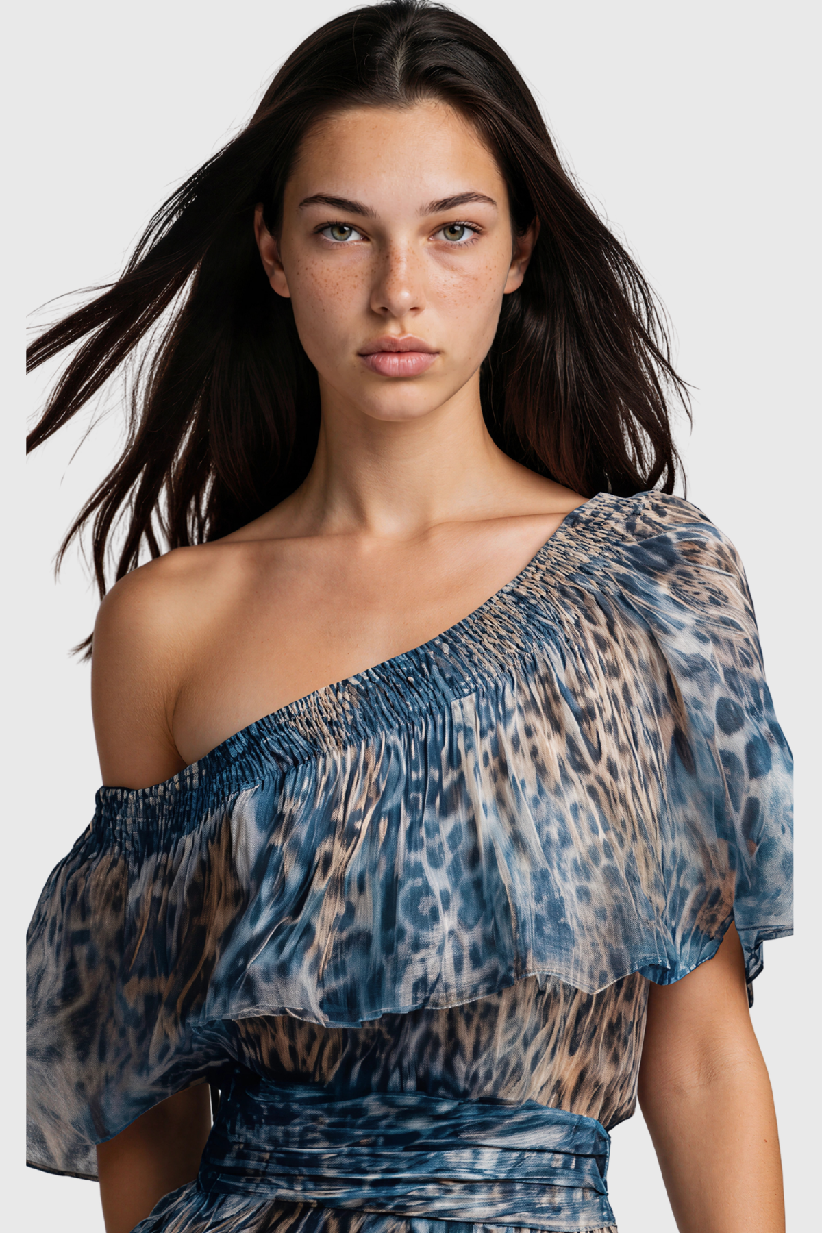Iovita One Shoulder Leopard Ruch Maxi Dress