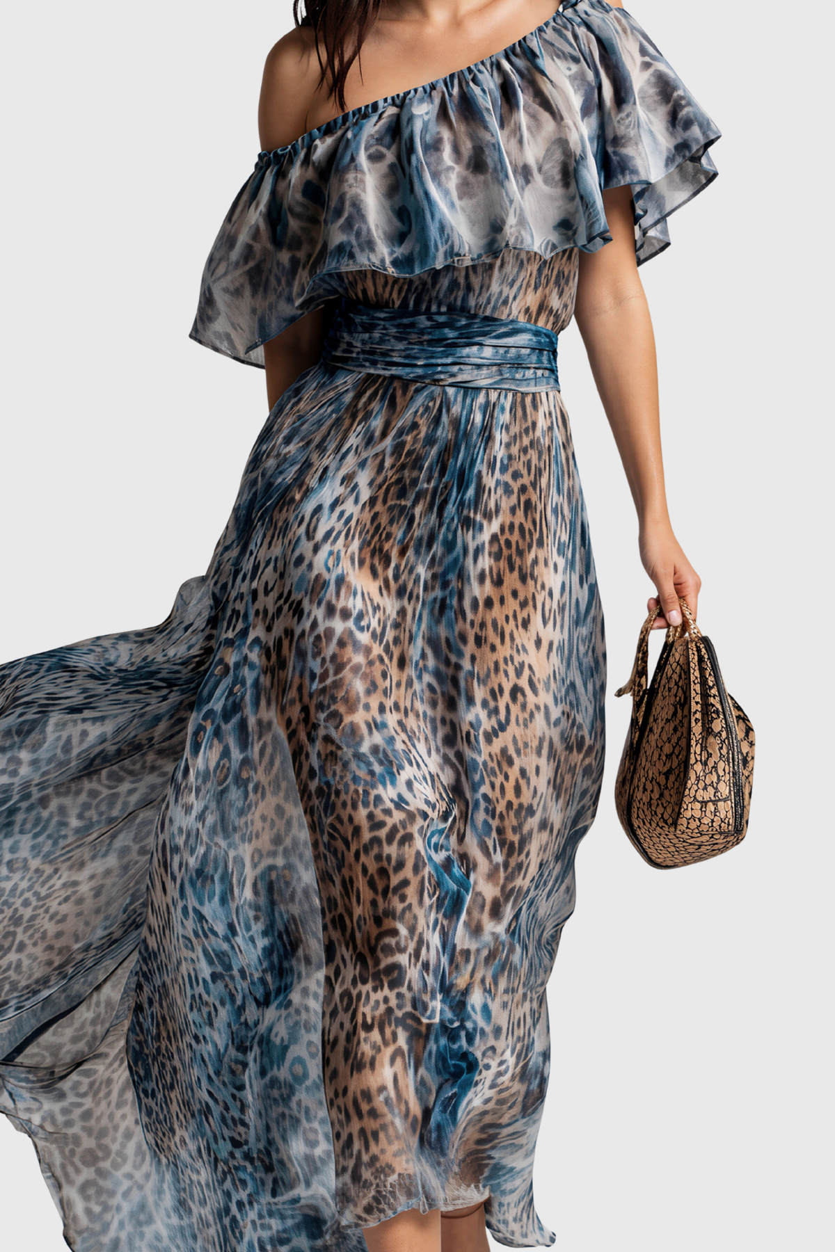 Iovita One Shoulder Leopard Ruch Maxi Dress