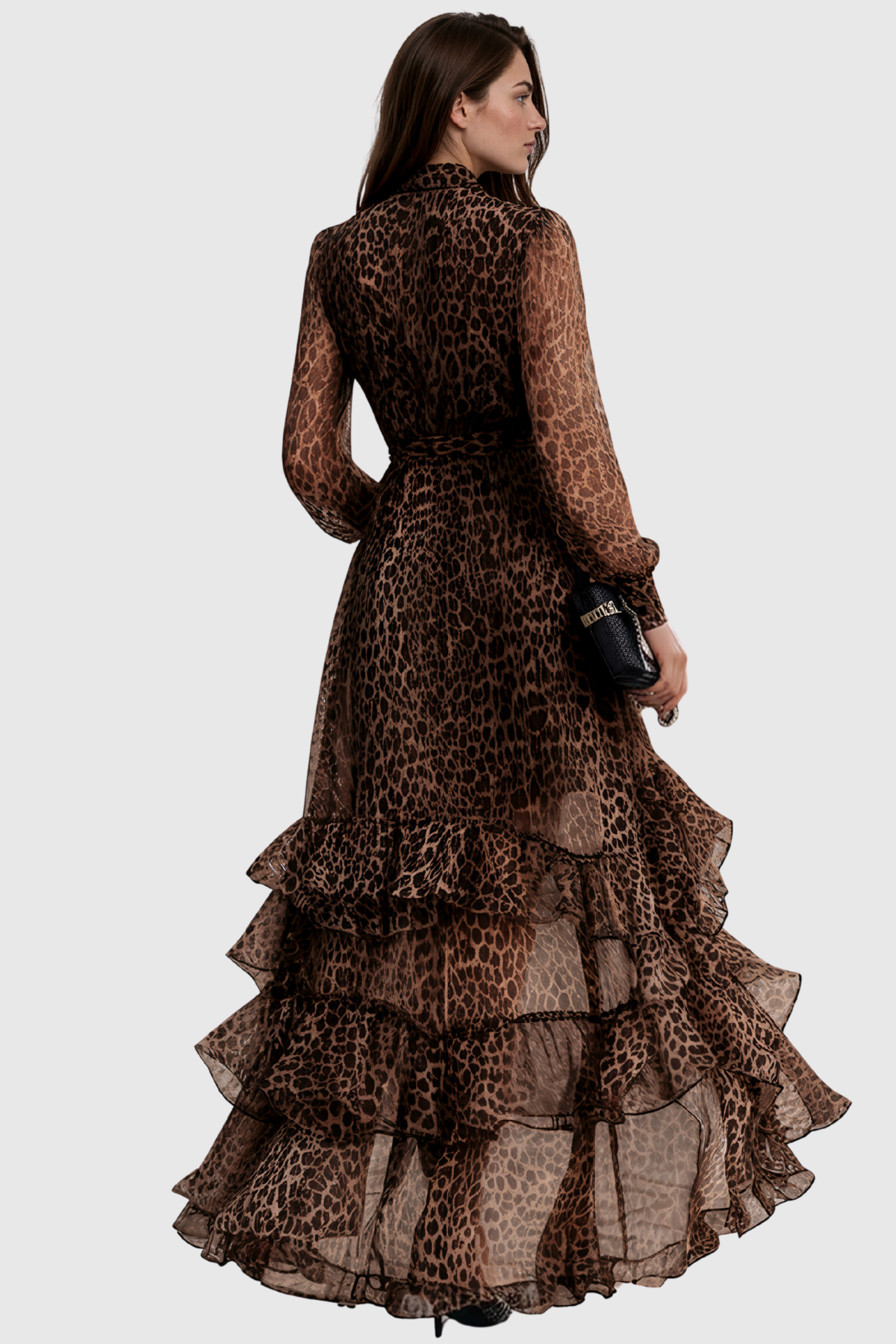 Iovita V Neck Leopard Ruffle Maxi Dress