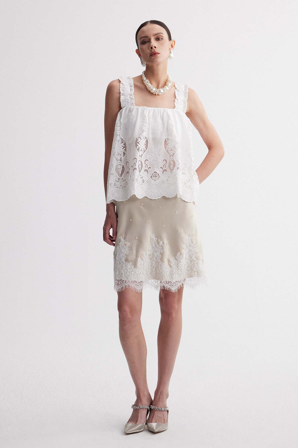 Iphigenia Lace Studded Satin Mini Skirt