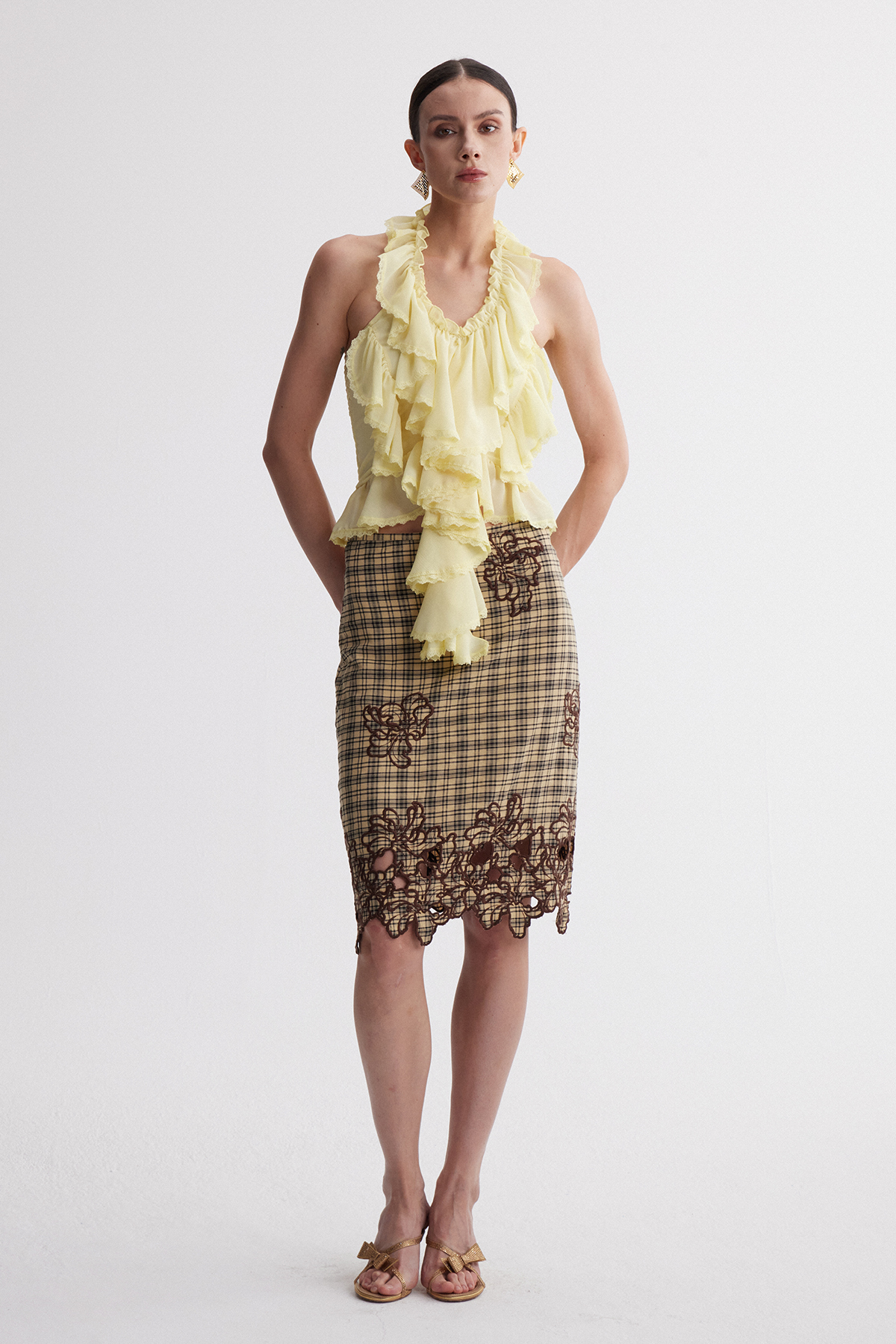 Iraida Grid Embroidered Midi Skirt