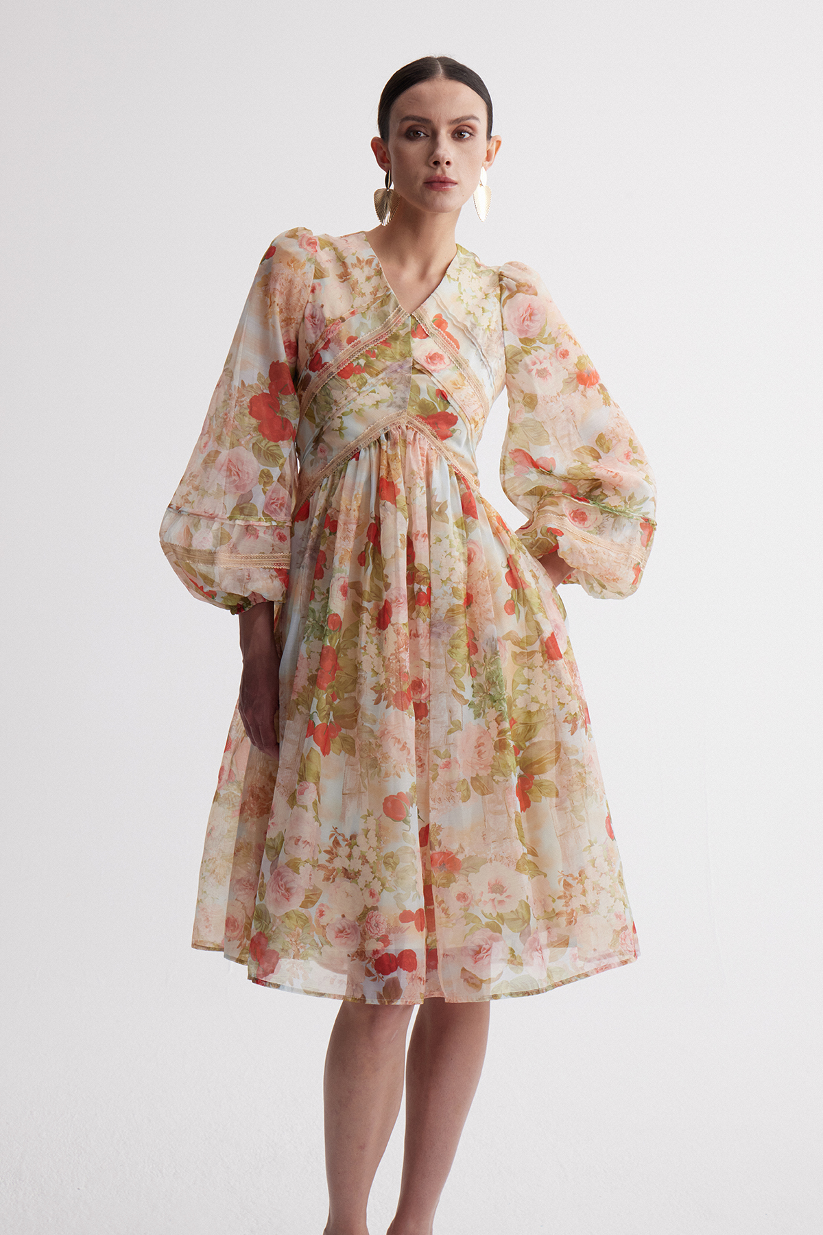 Ireen Balloon Sleeve Print Midi Dress