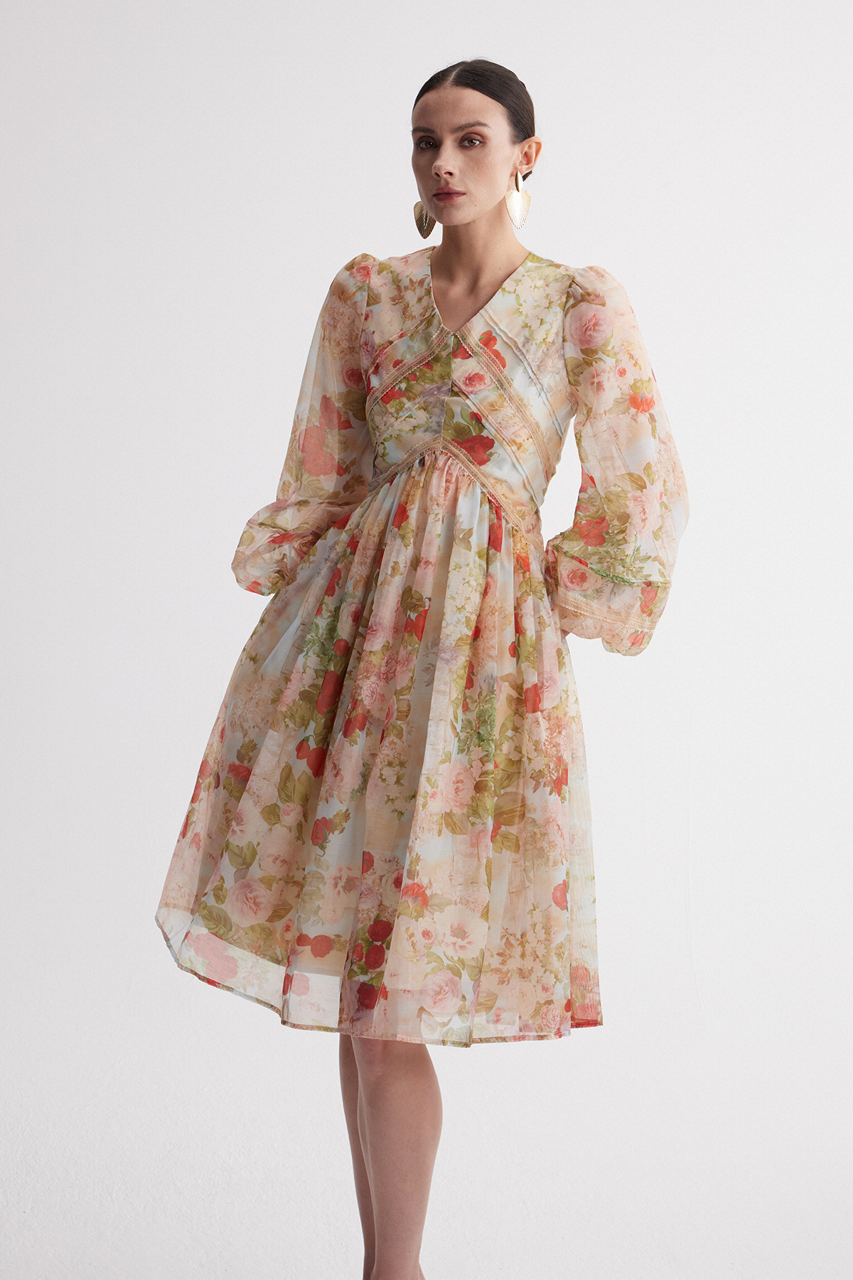 Ireen Balloon Sleeve Print Midi Dress