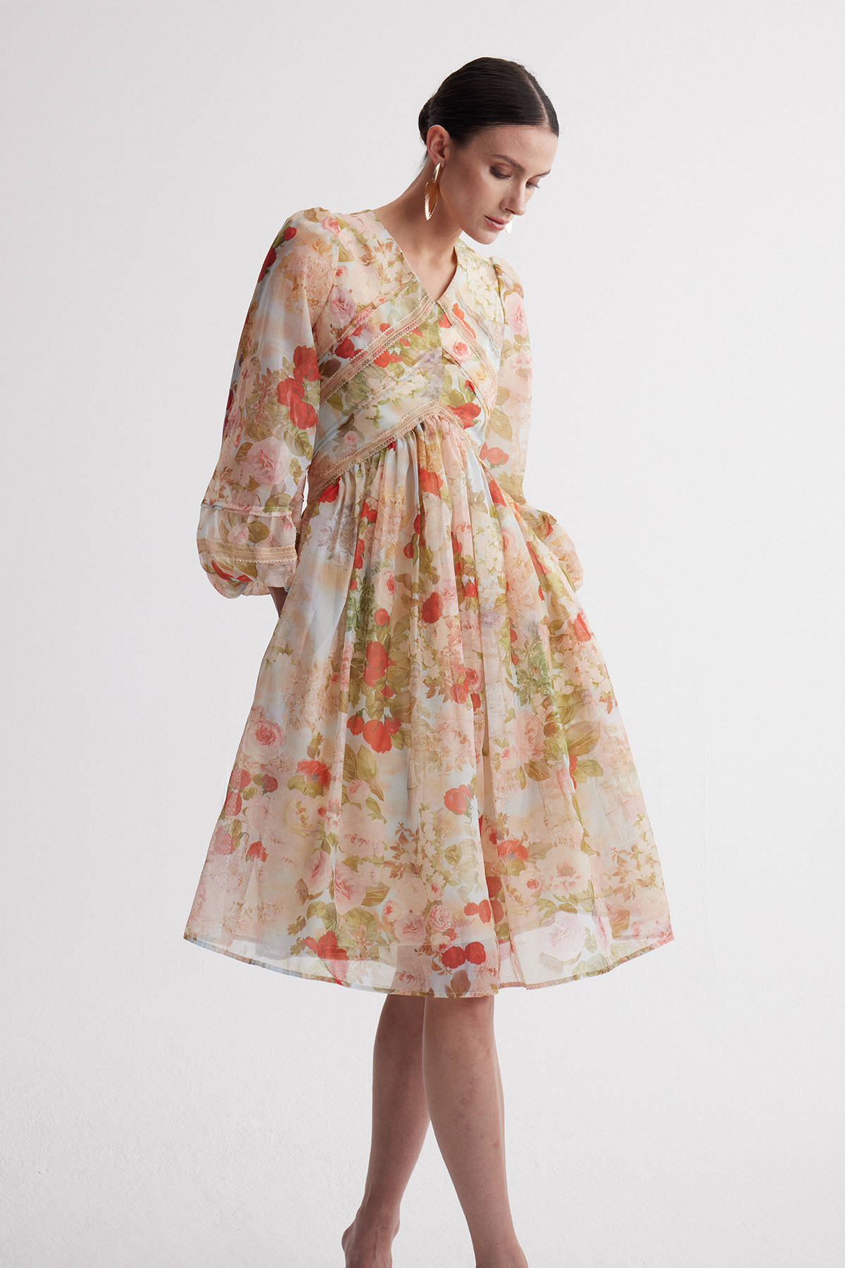 Ireen Balloon Sleeve Print Midi Dress