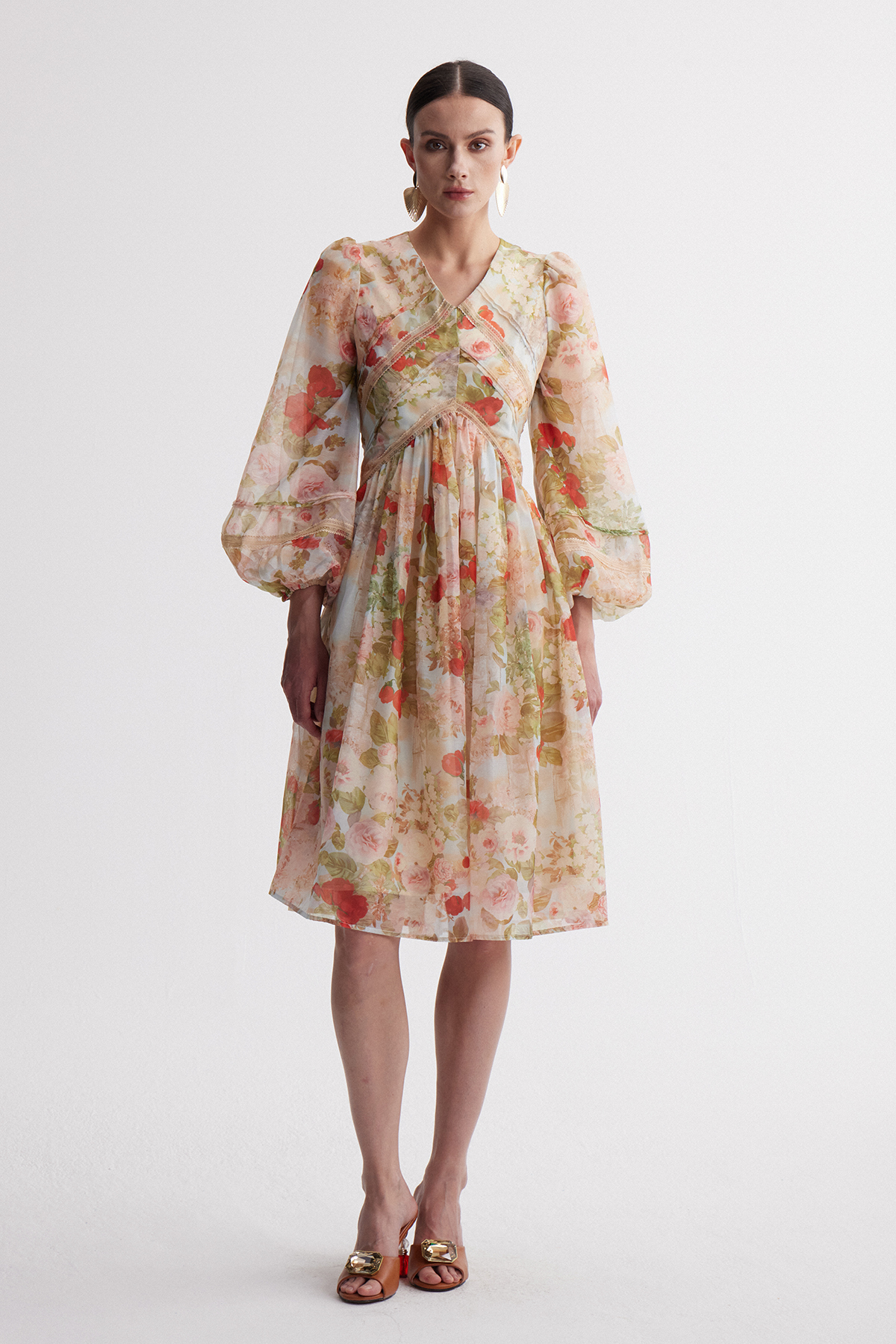 Ireen Balloon Sleeve Print Midi Dress