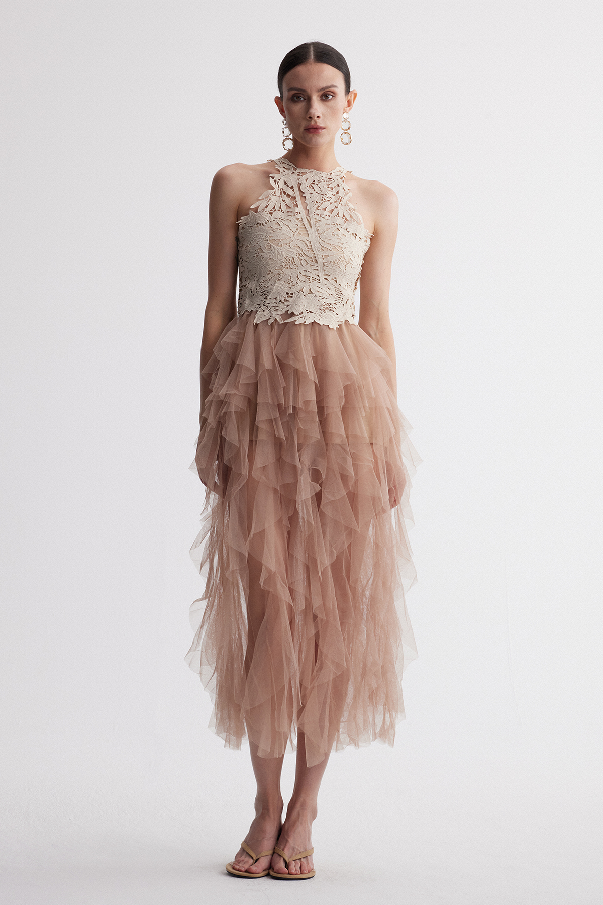 Ireland Cutout Mesh Ruffle Maxi Dress