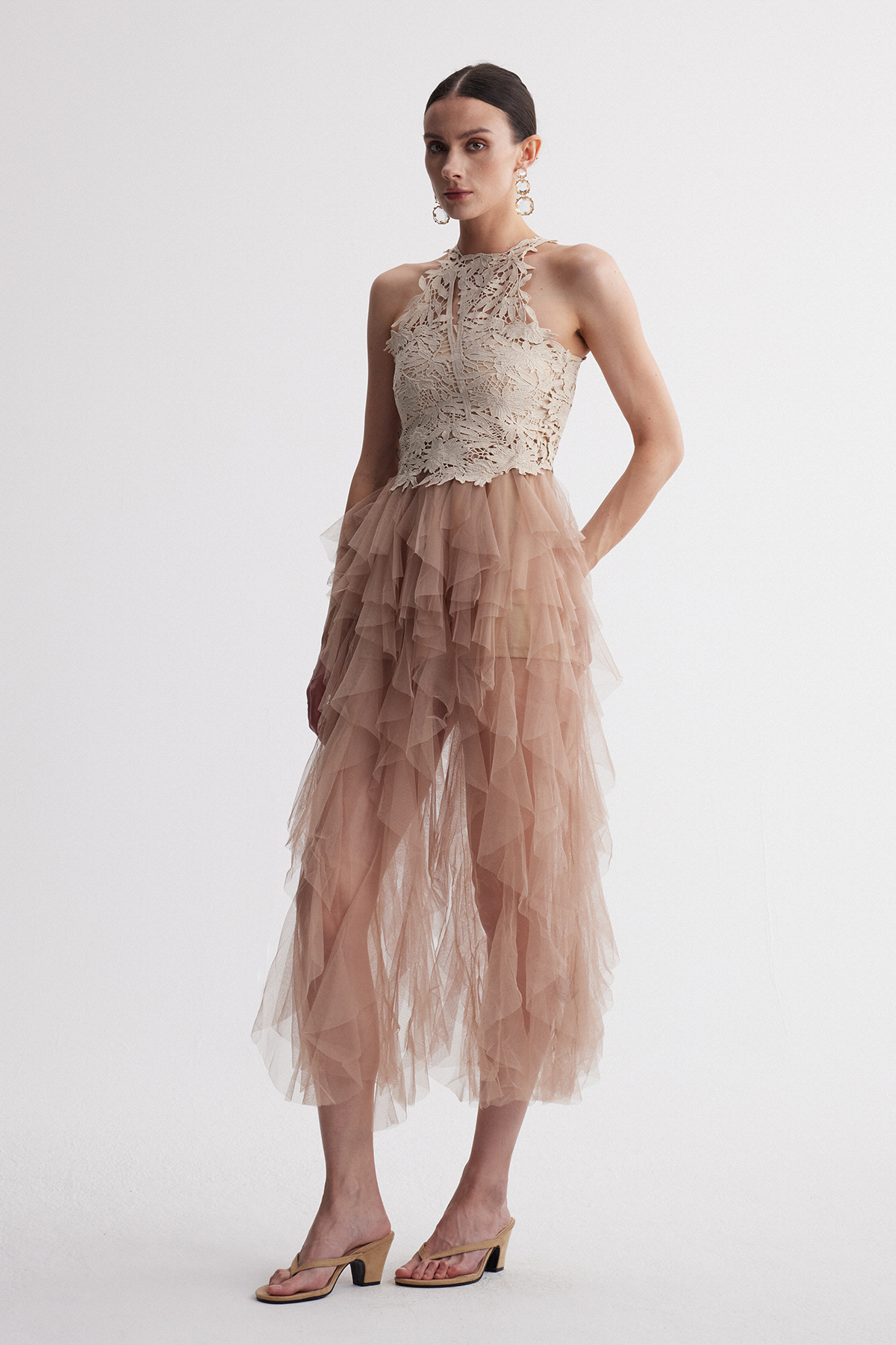 Ireland Cutout Mesh Ruffle Maxi Dress