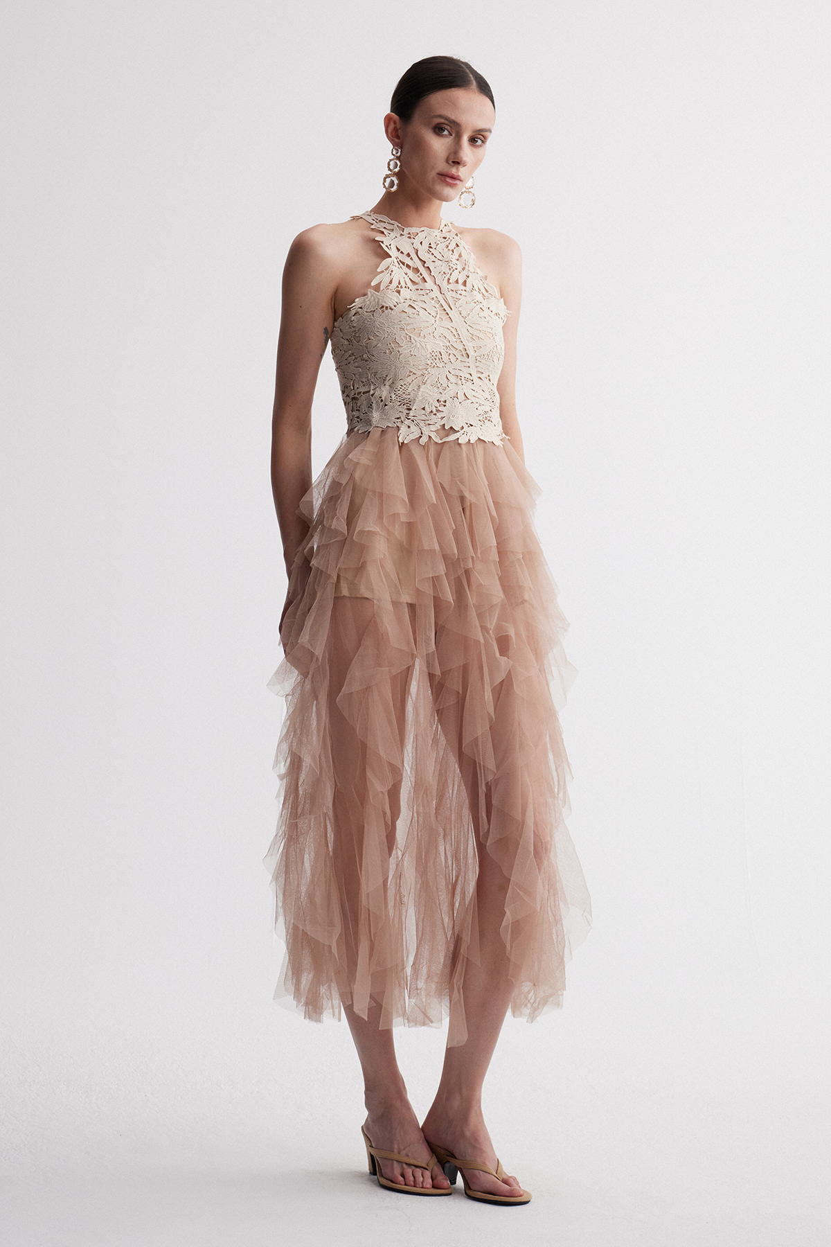 Ireland Cutout Mesh Ruffle Maxi Dress