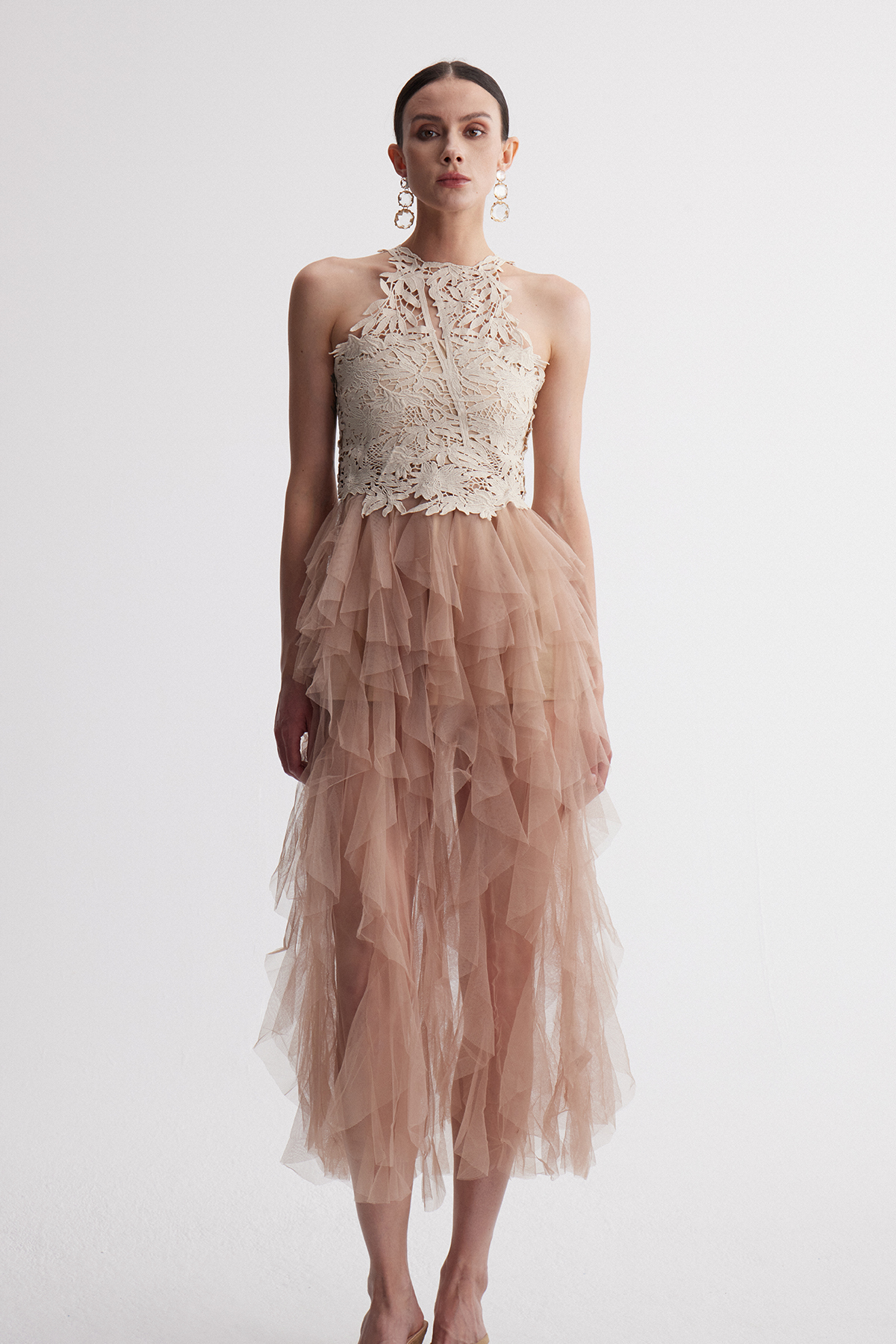 Ireland Cutout Mesh Ruffle Maxi Dress