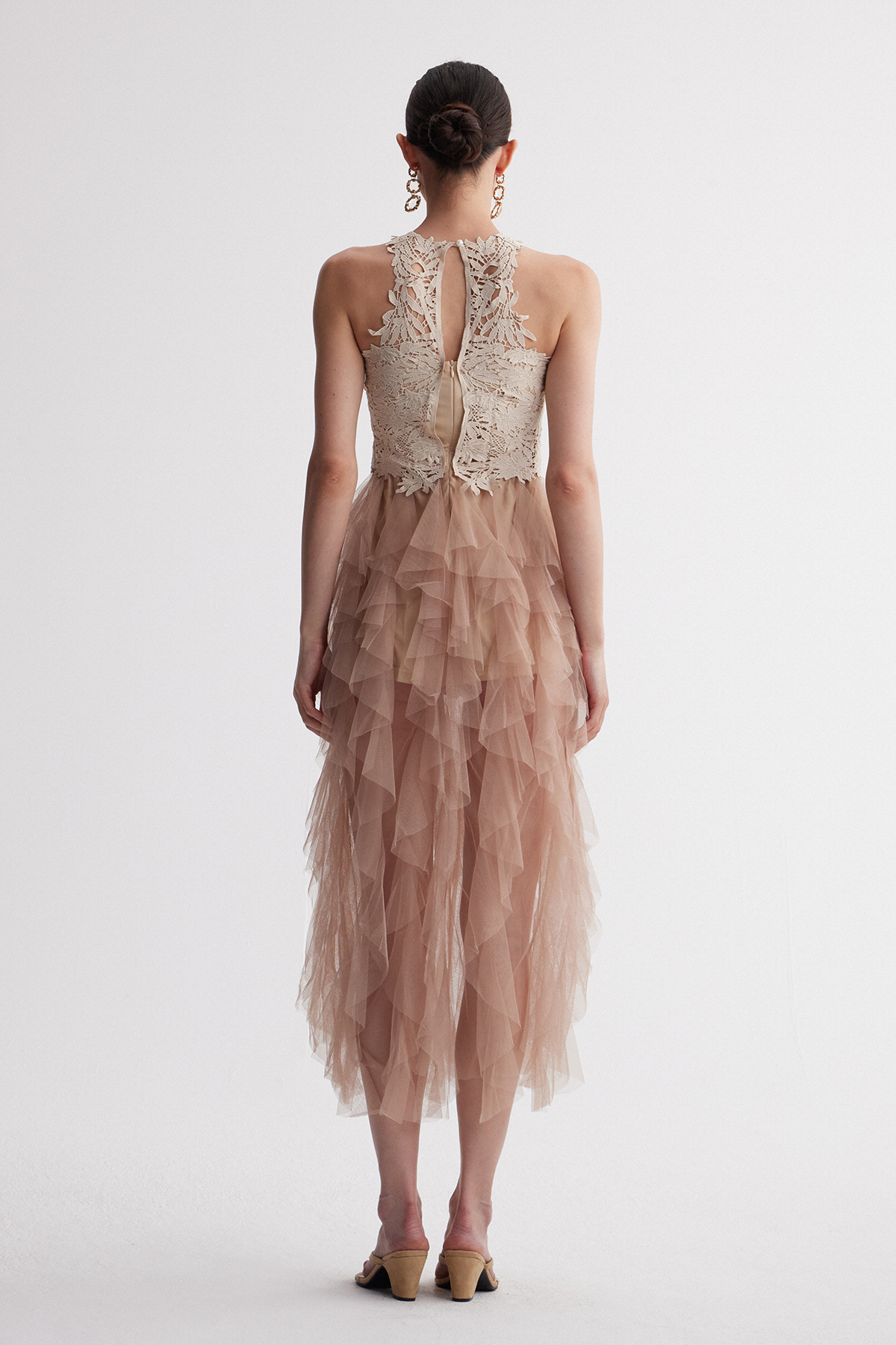 Ireland Cutout Mesh Ruffle Maxi Dress