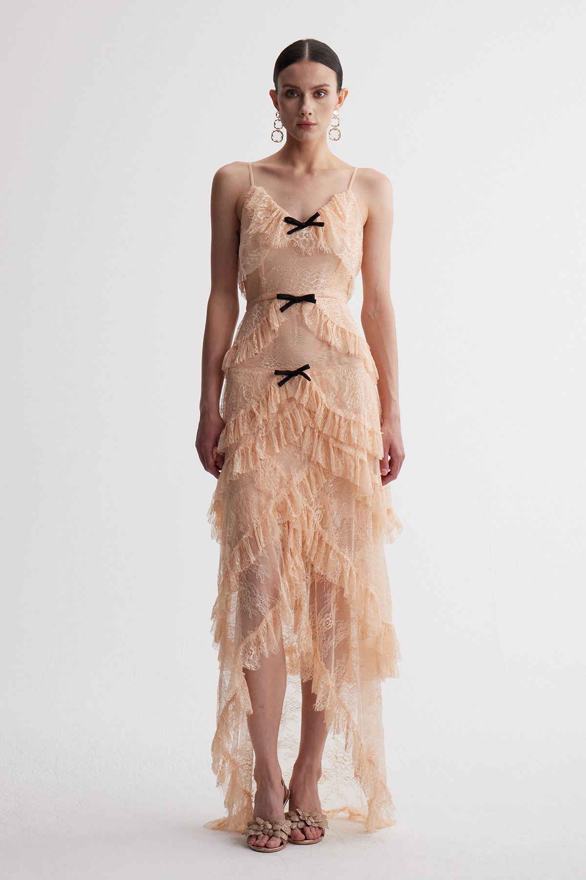 Irem Bow Tiered Lace Maxi Dress