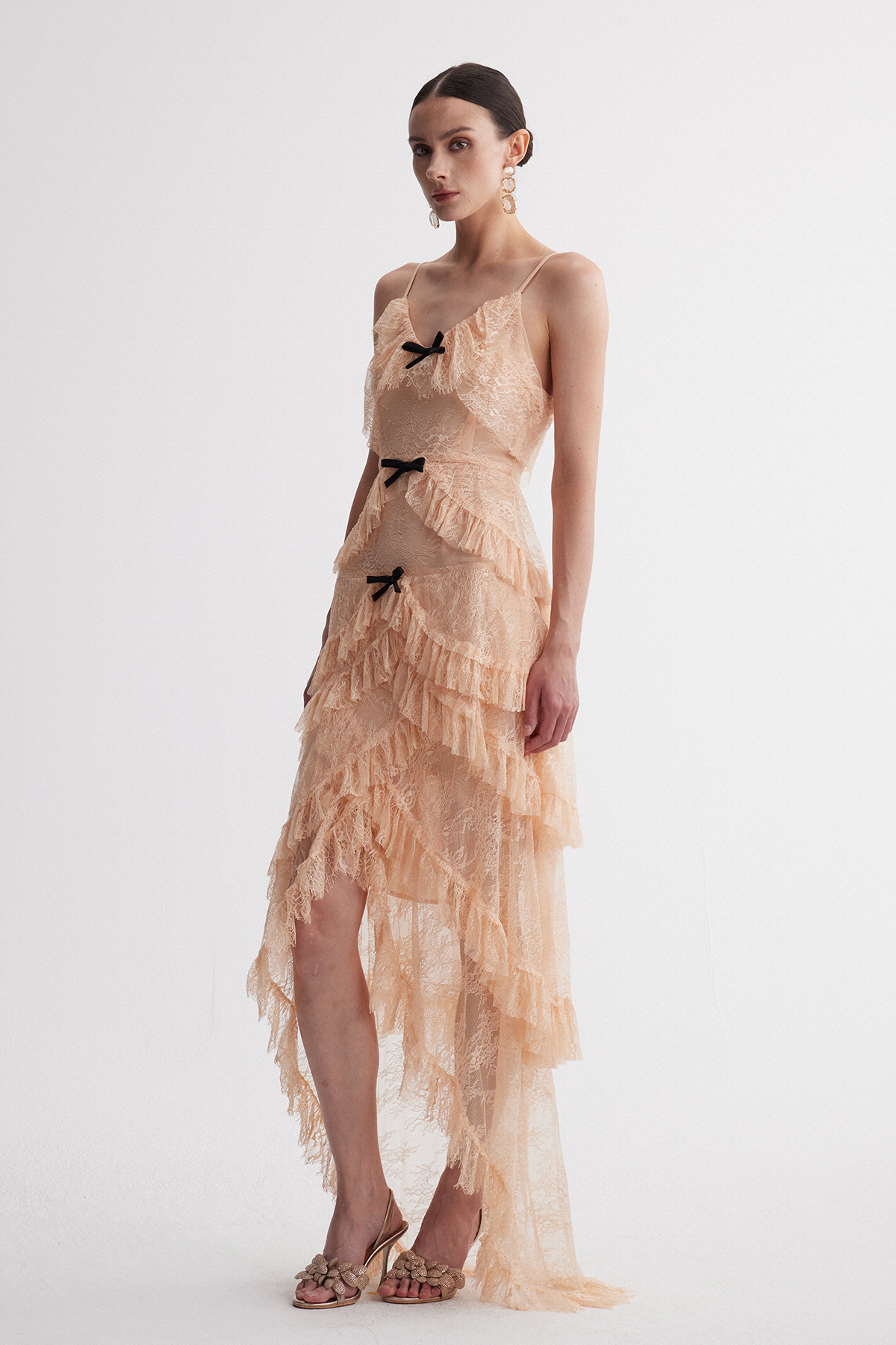 Irem Bow Tiered Lace Maxi Dress