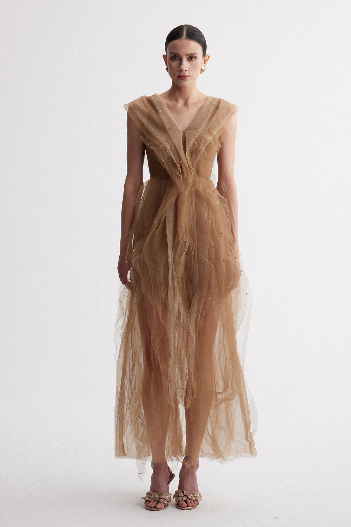 Irena V Neck Ruffle Mesh Maxi Dress