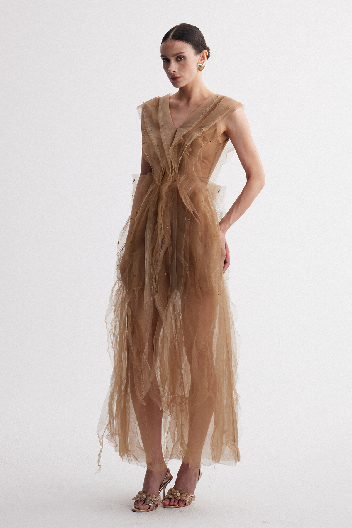 Irena V Neck Ruffle Mesh Maxi Dress