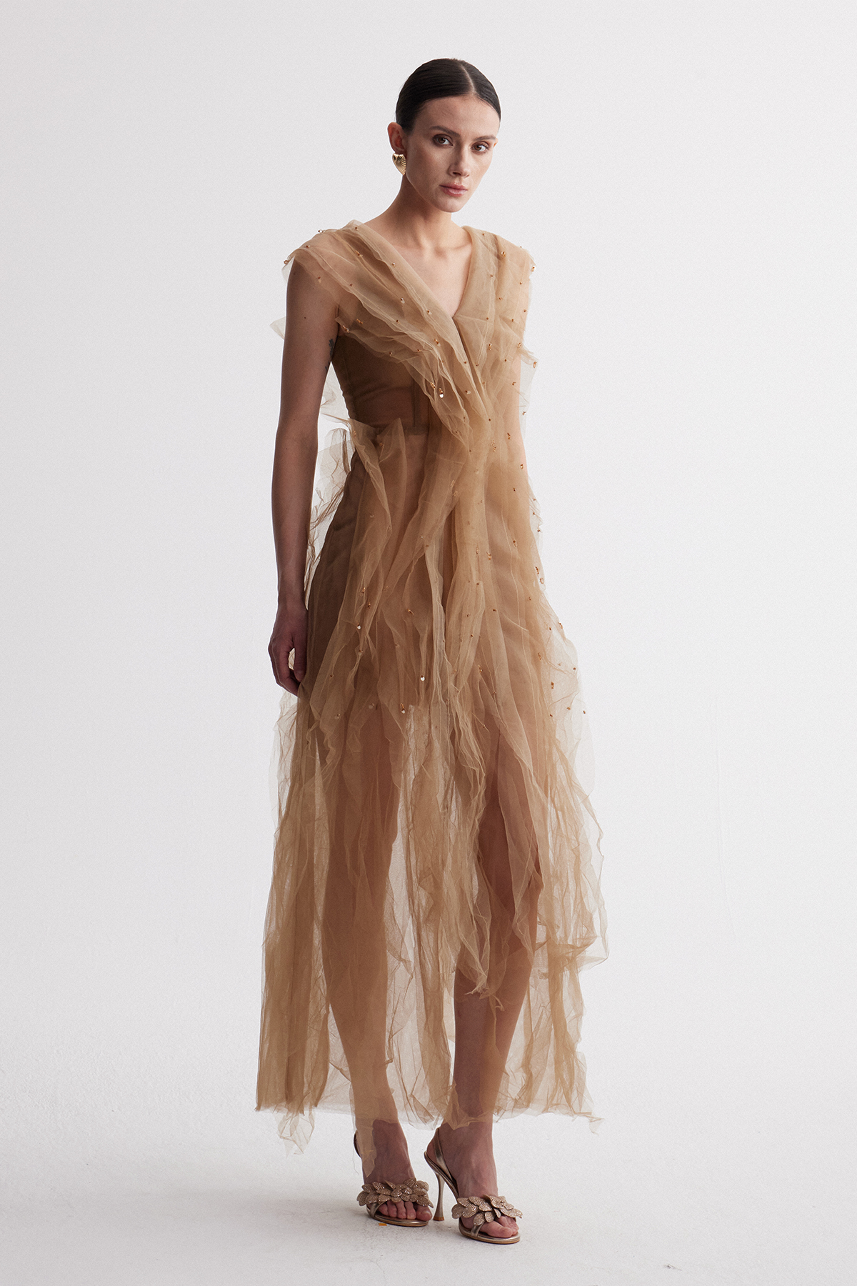 Irena V Neck Ruffle Mesh Maxi Dress
