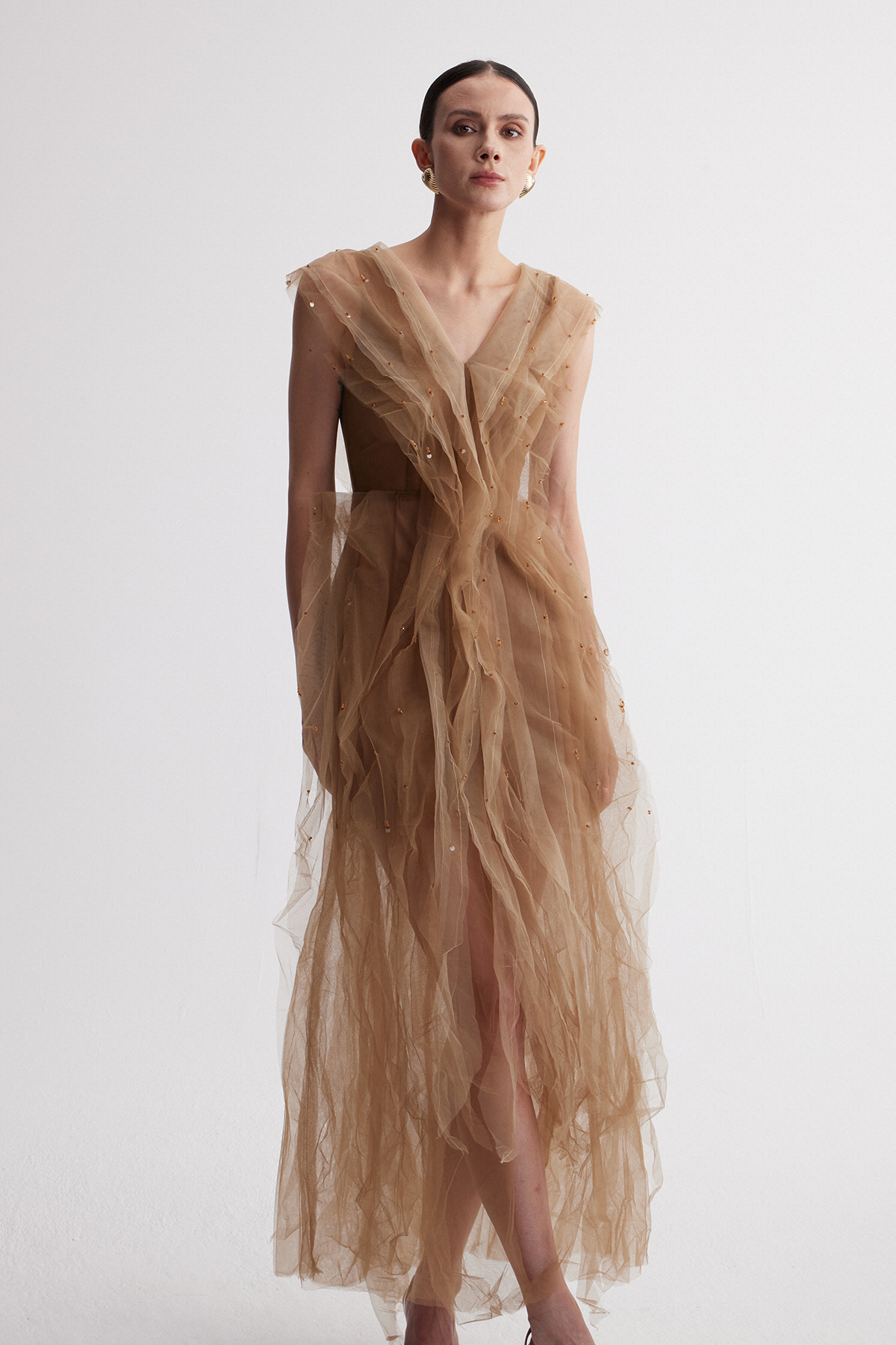 Irena V Neck Ruffle Mesh Maxi Dress