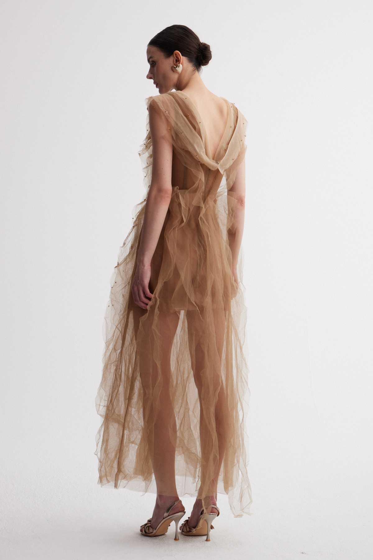 Irena V Neck Ruffle Mesh Maxi Dress