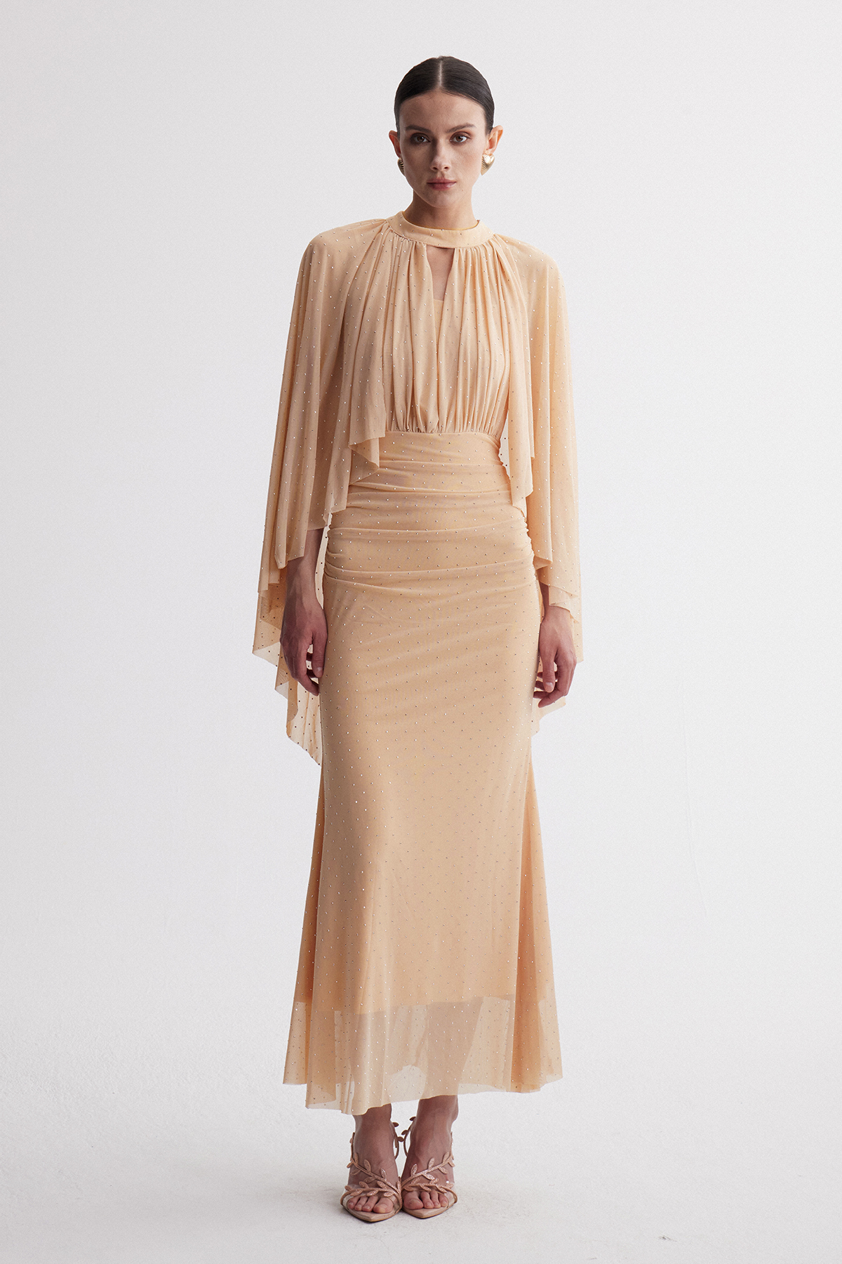Irene Cape Sleeve Rhinestone Maxi Dress