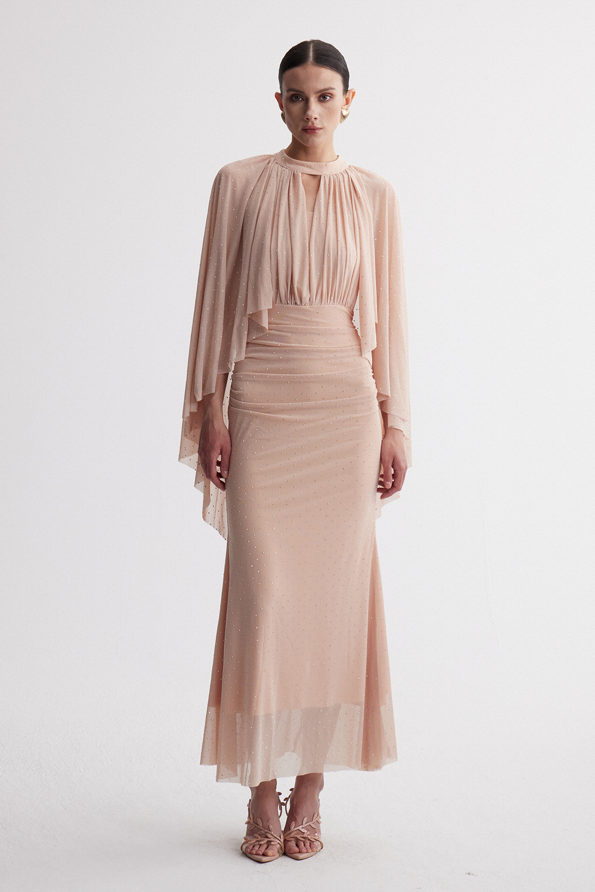 Irene Cape Sleeve Rhinestone Maxi Dress