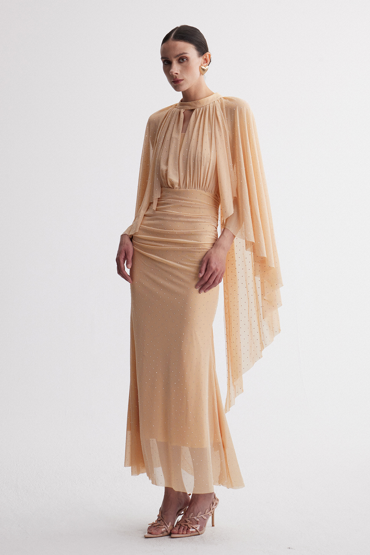 Irene Cape Sleeve Rhinestone Maxi Dress
