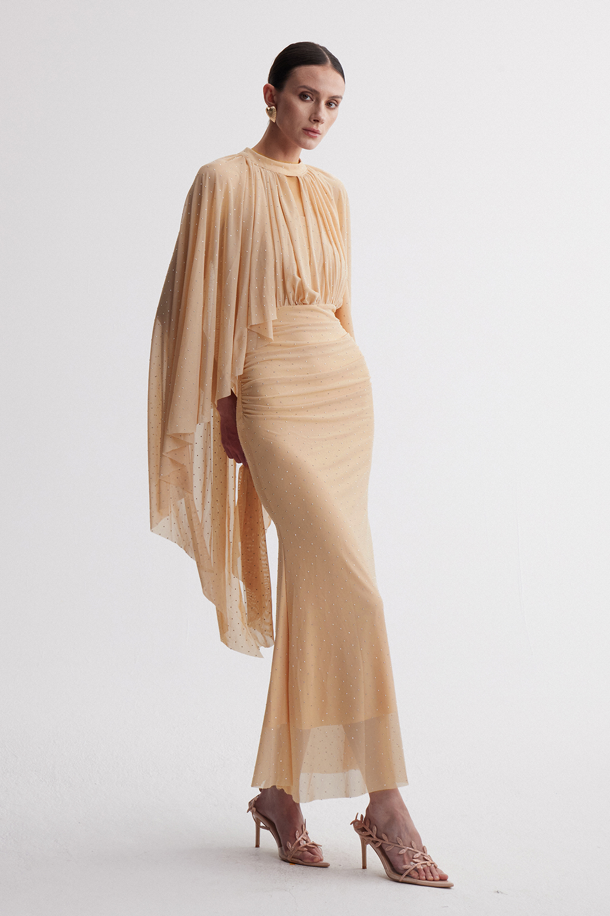 Irene Cape Sleeve Rhinestone Maxi Dress