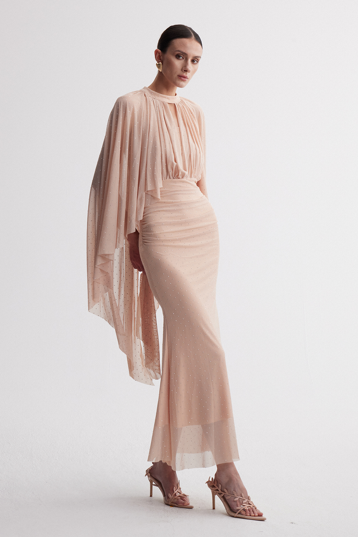 Irene Cape Sleeve Rhinestone Maxi Dress