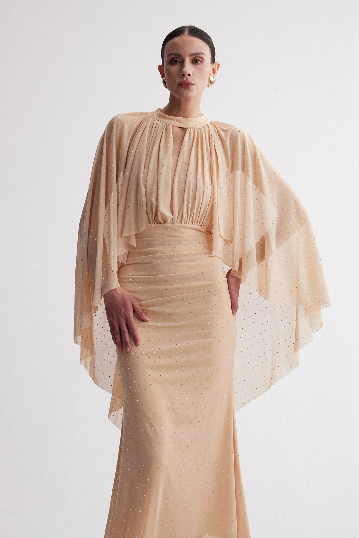 Irene Cape Sleeve Rhinestone Maxi Dress