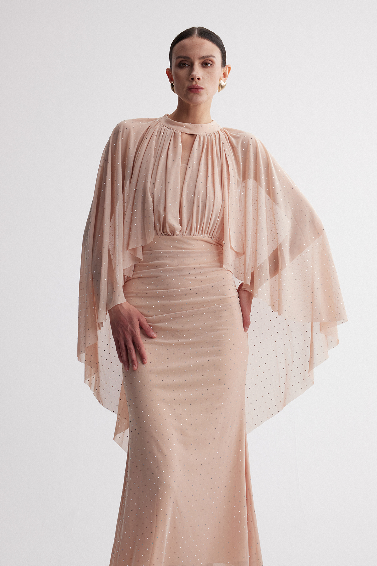 Irene Cape Sleeve Rhinestone Maxi Dress