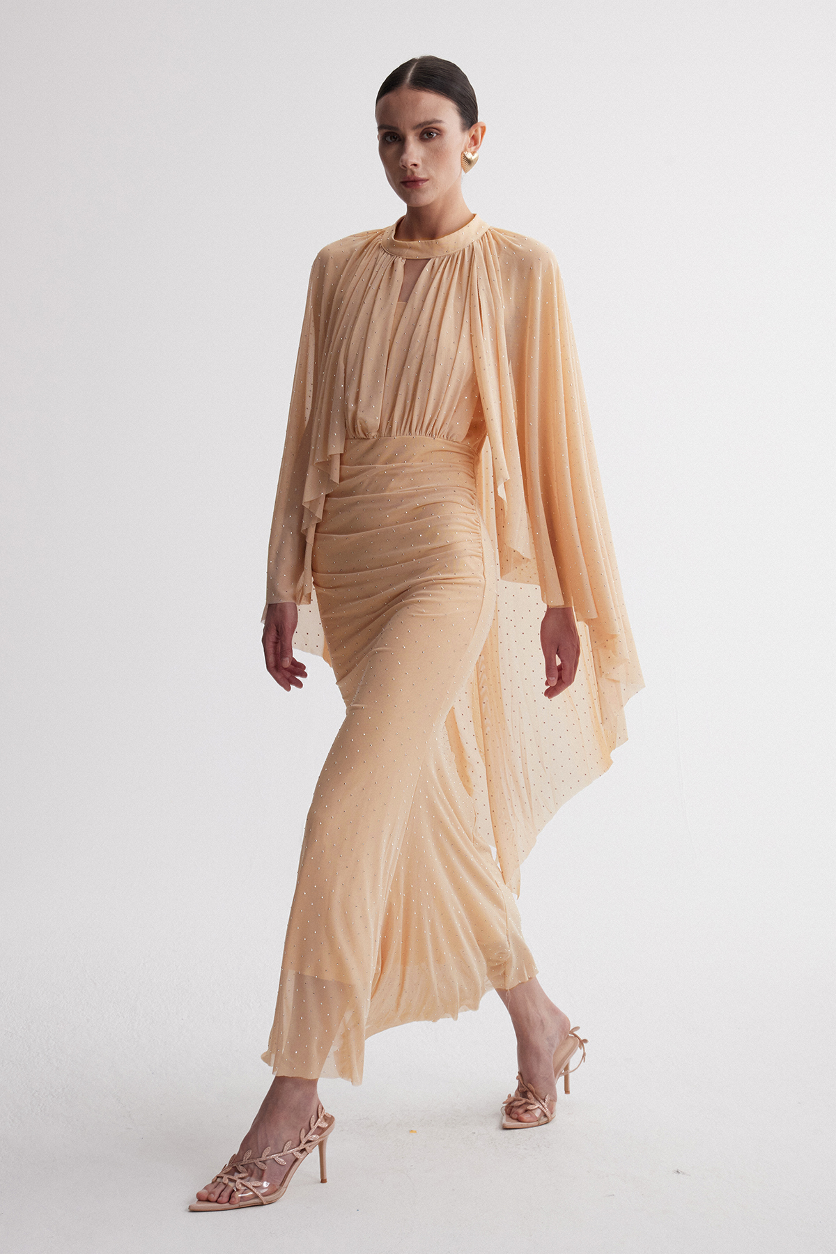 Irene Cape Sleeve Rhinestone Maxi Dress