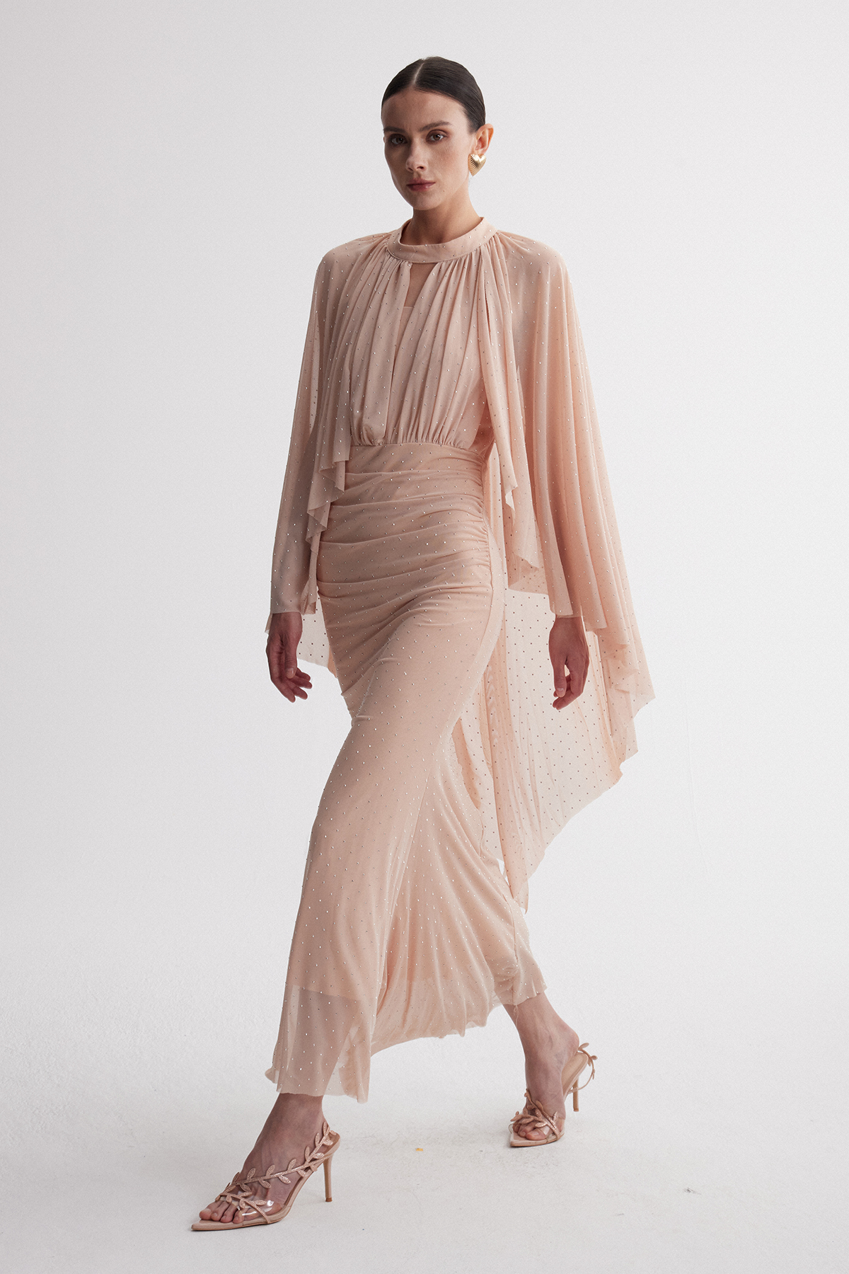 Irene Cape Sleeve Rhinestone Maxi Dress