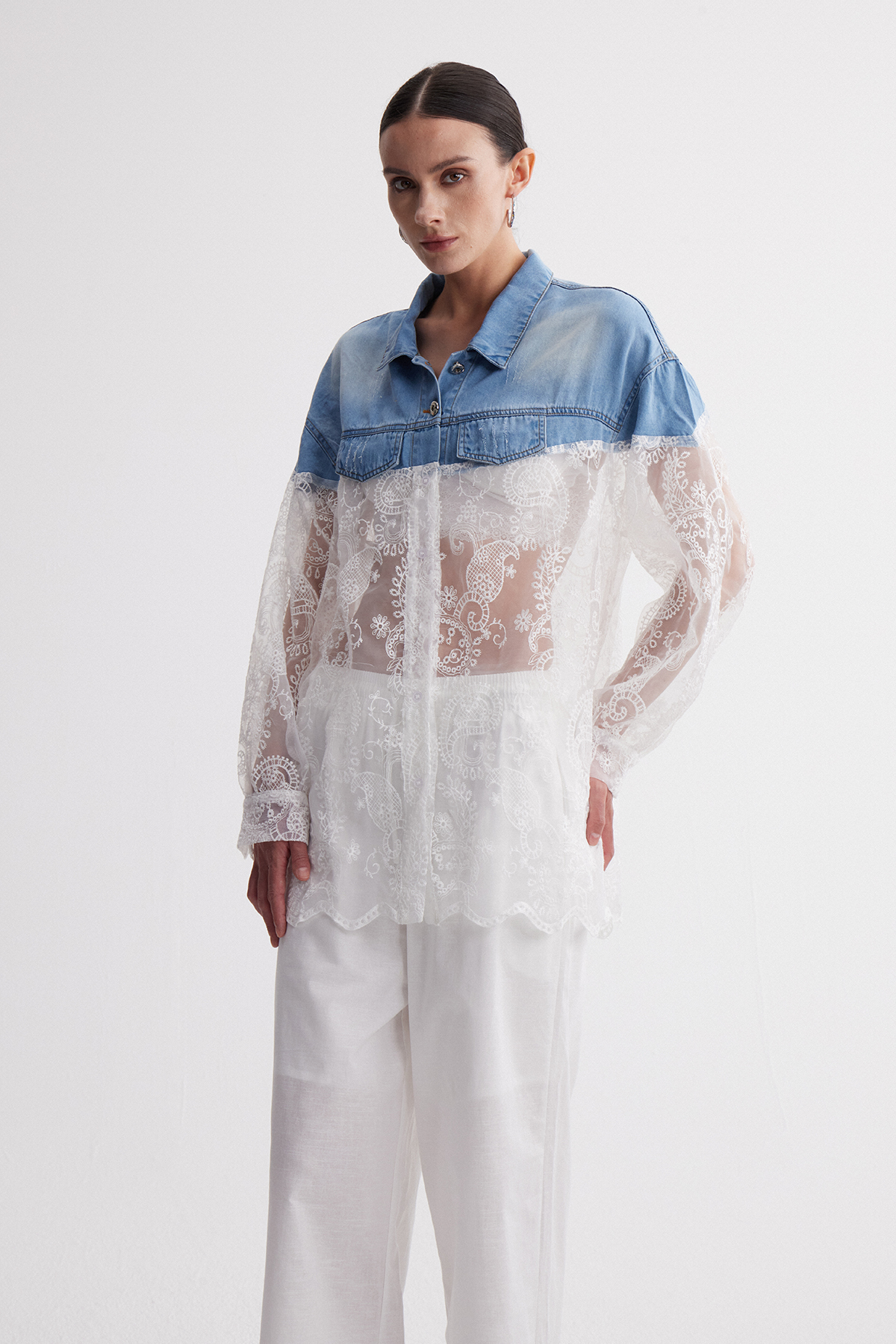 Ireneusz Lace Deconstruct Denim Top
