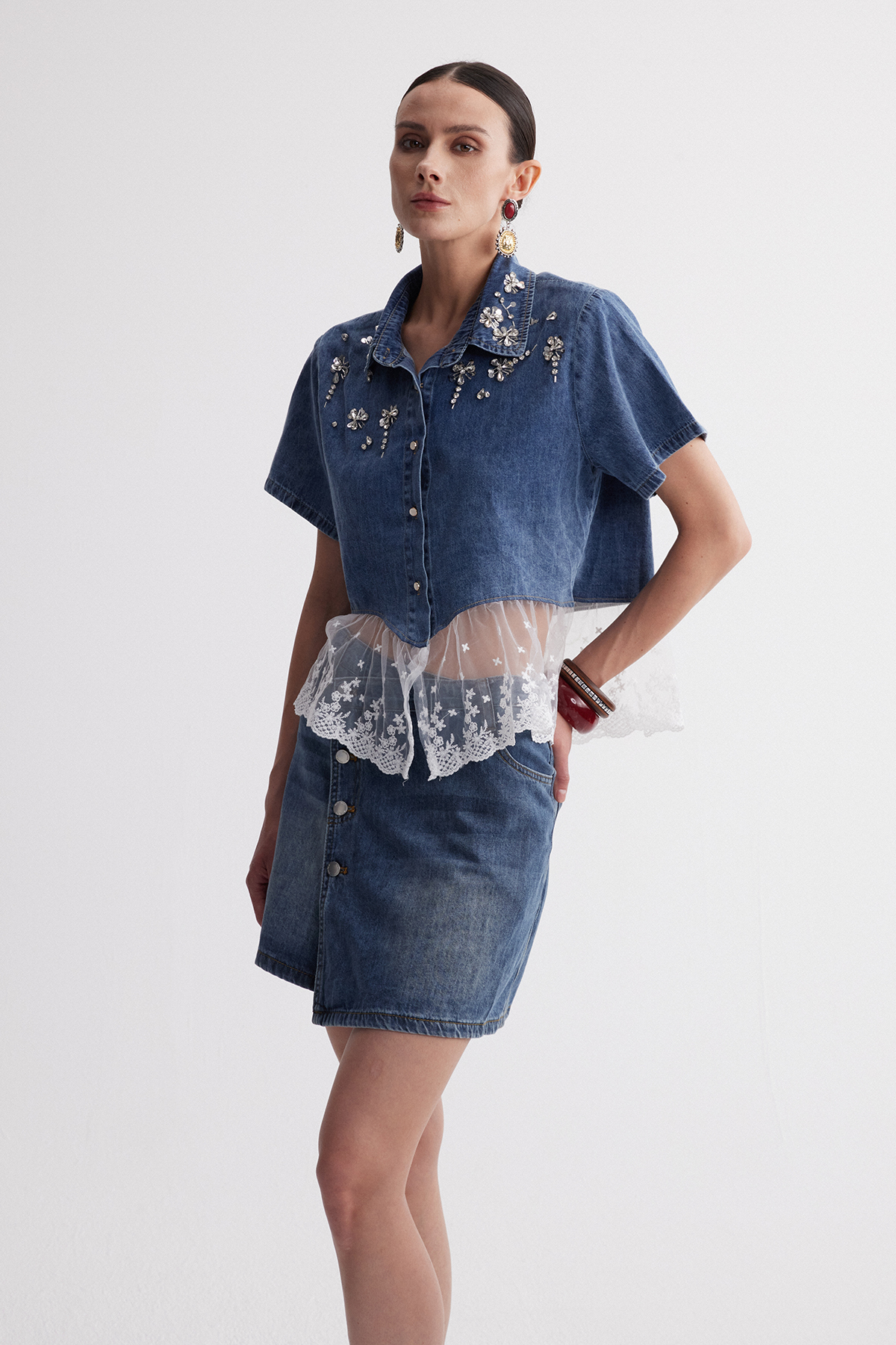 Irenka Rhinestone Denim Top
