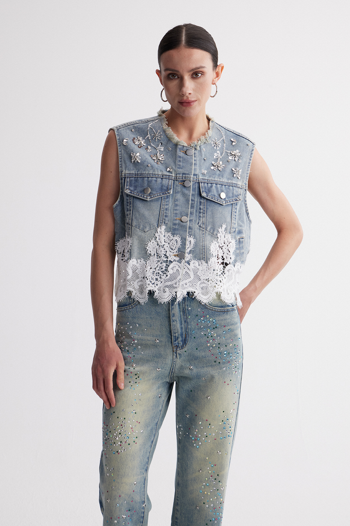 Irenka Sleeveless Rhinestone Denim Top