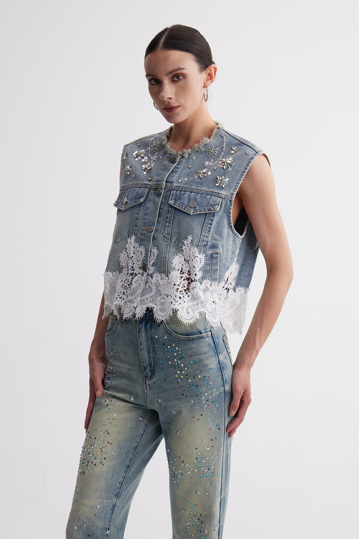 Irenka Sleeveless Rhinestone Denim Top