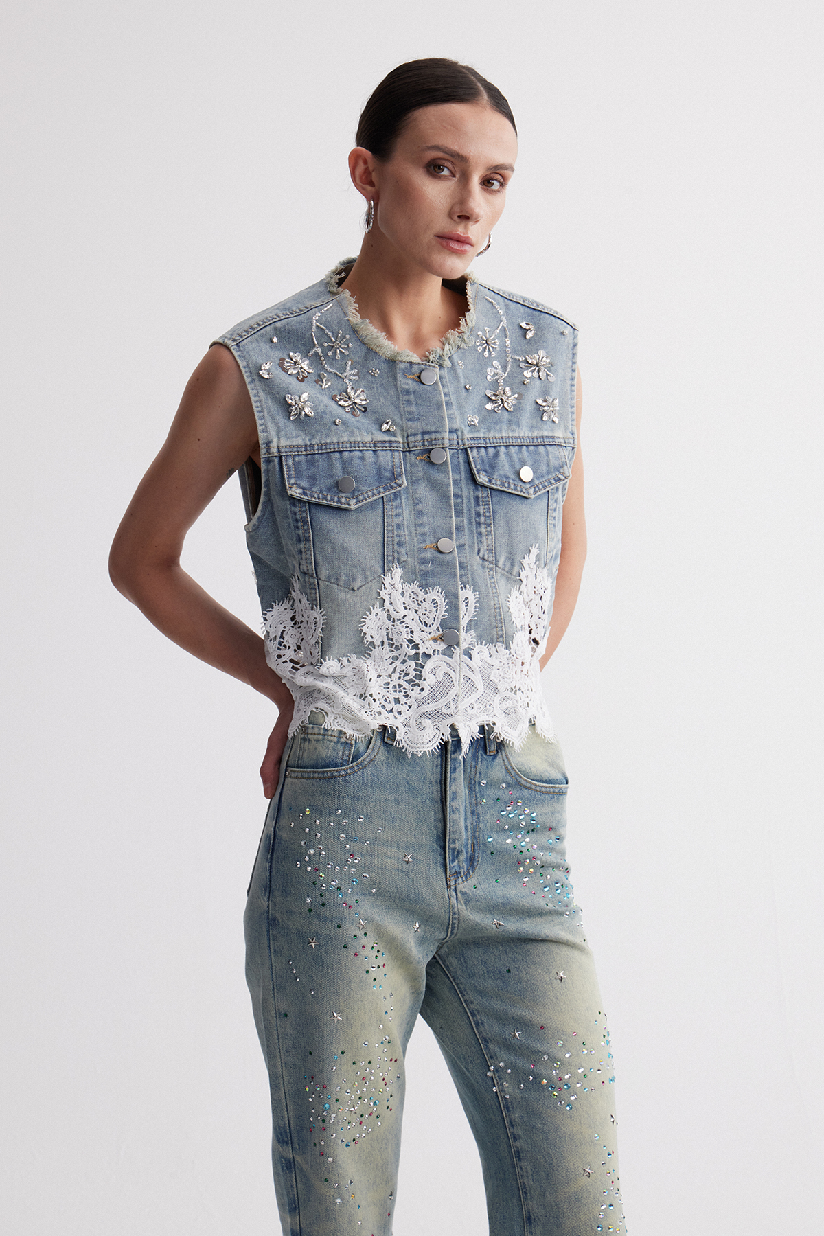 Irenka Sleeveless Rhinestone Denim Top