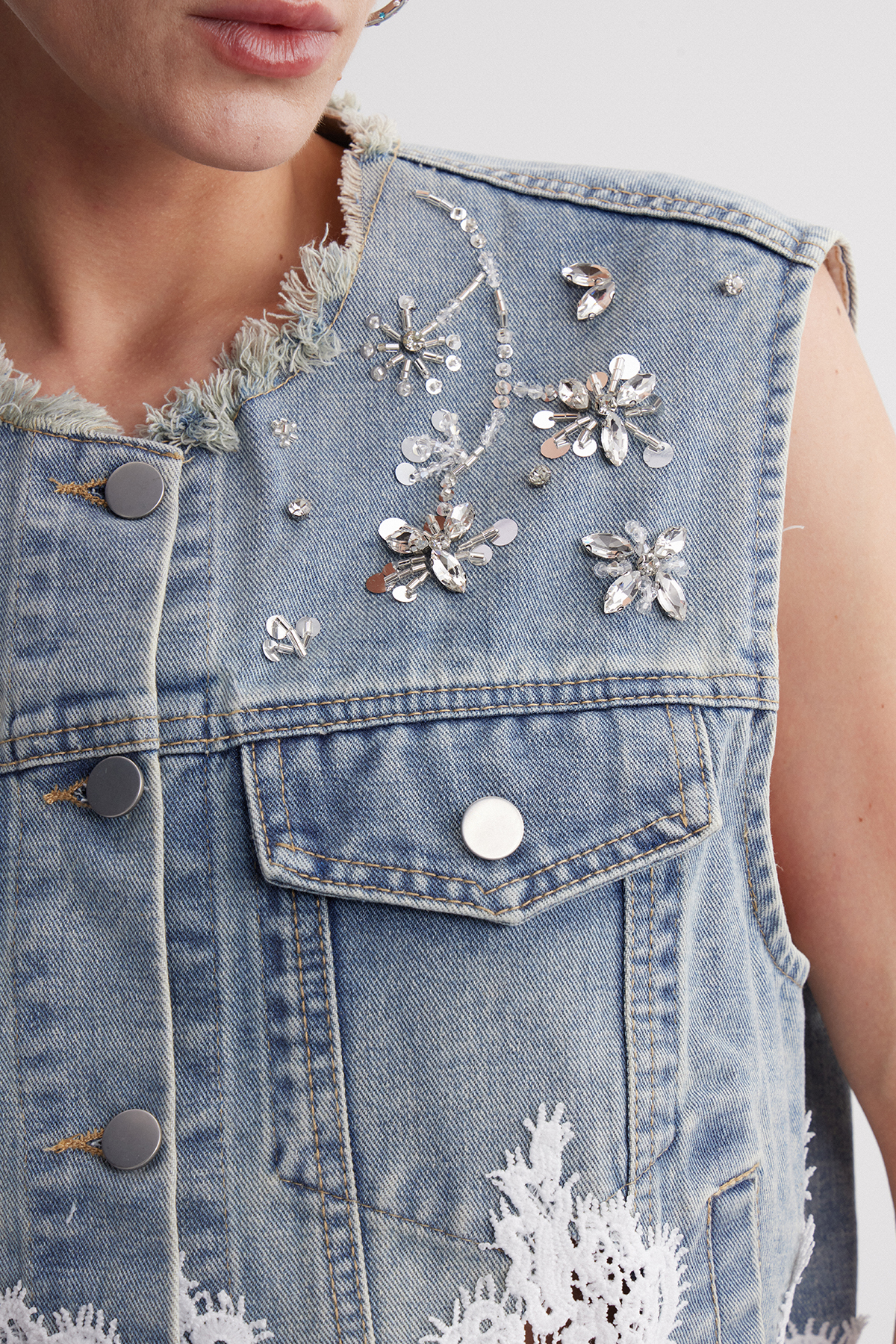 Irenka Sleeveless Rhinestone Denim Top