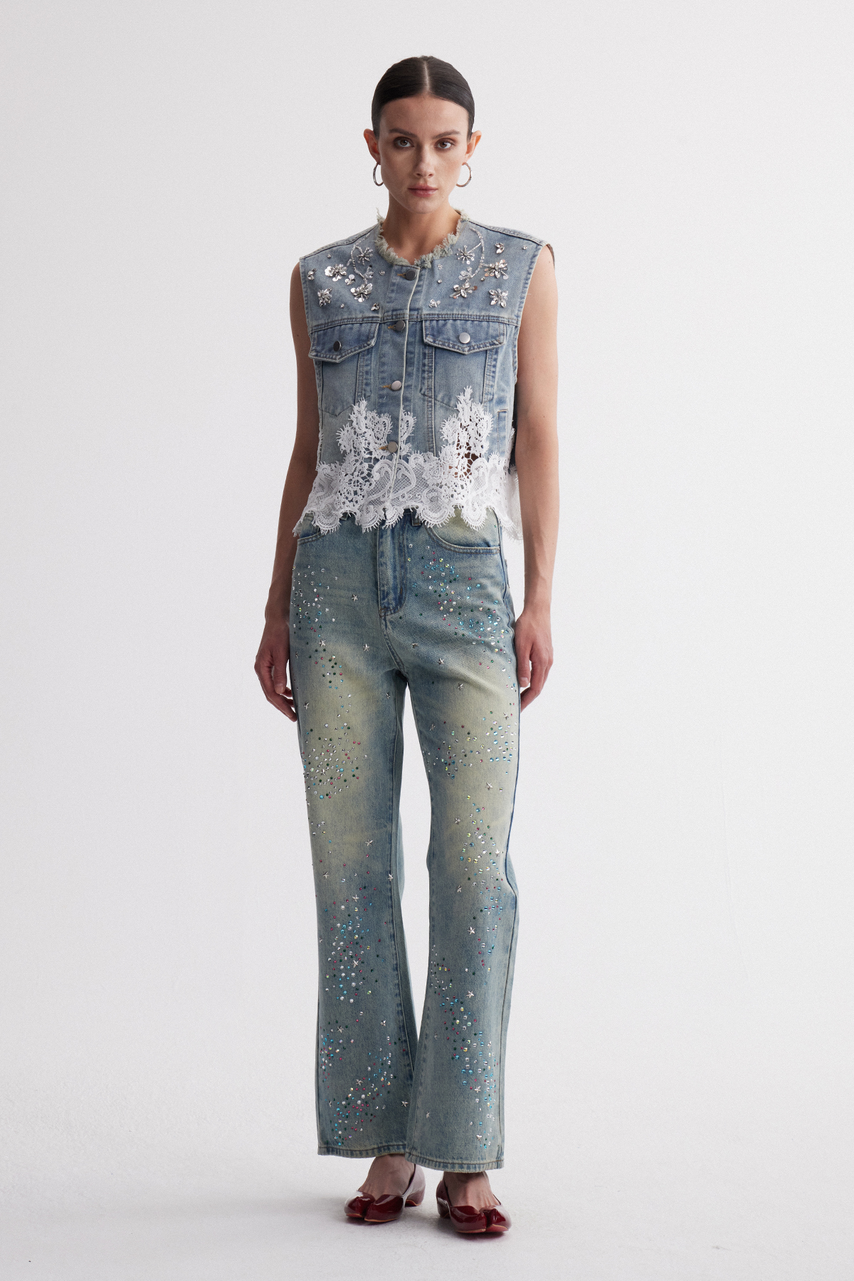 Irenka Sleeveless Rhinestone Denim Top