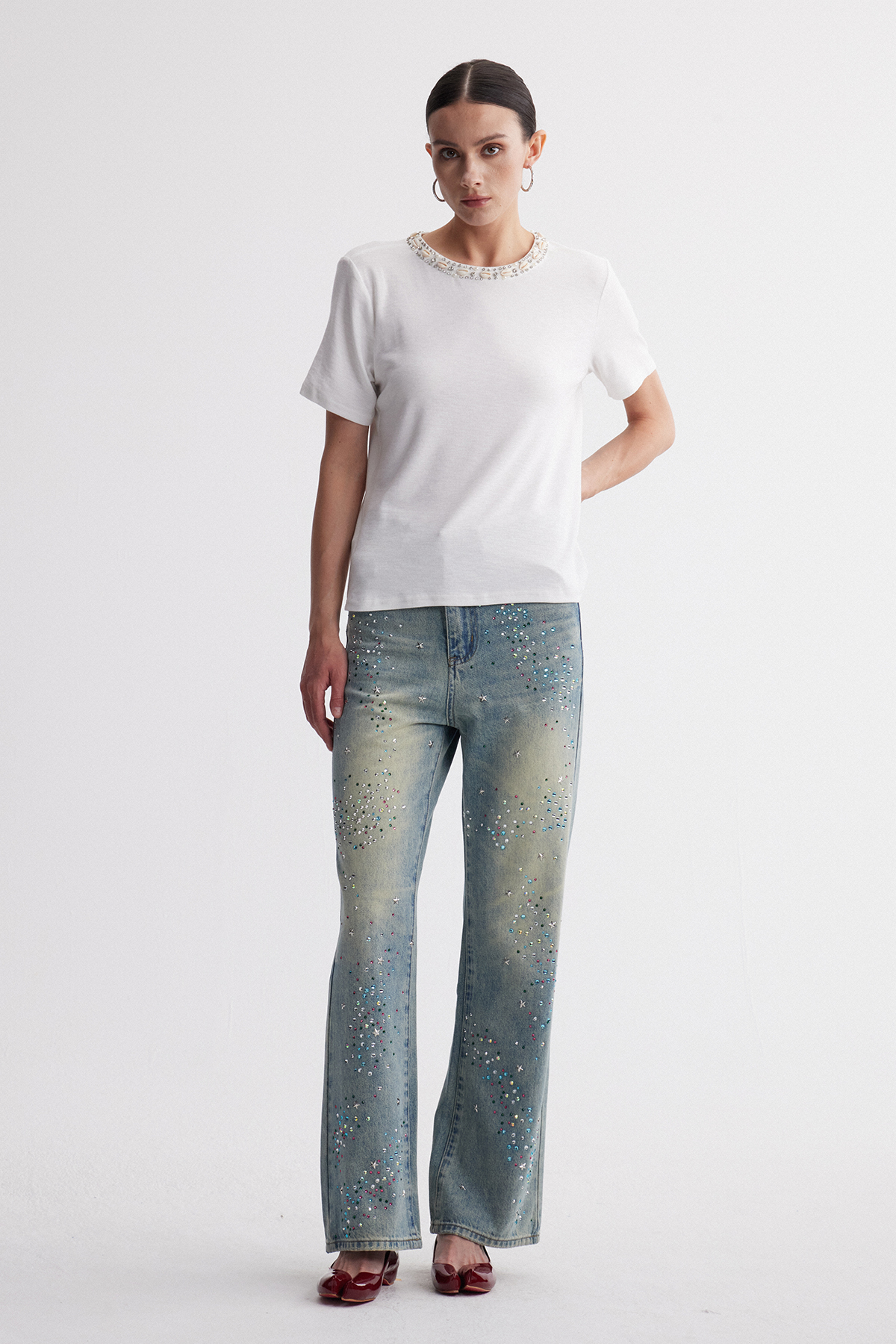 Irfan Rhinestone Barrel Jeans