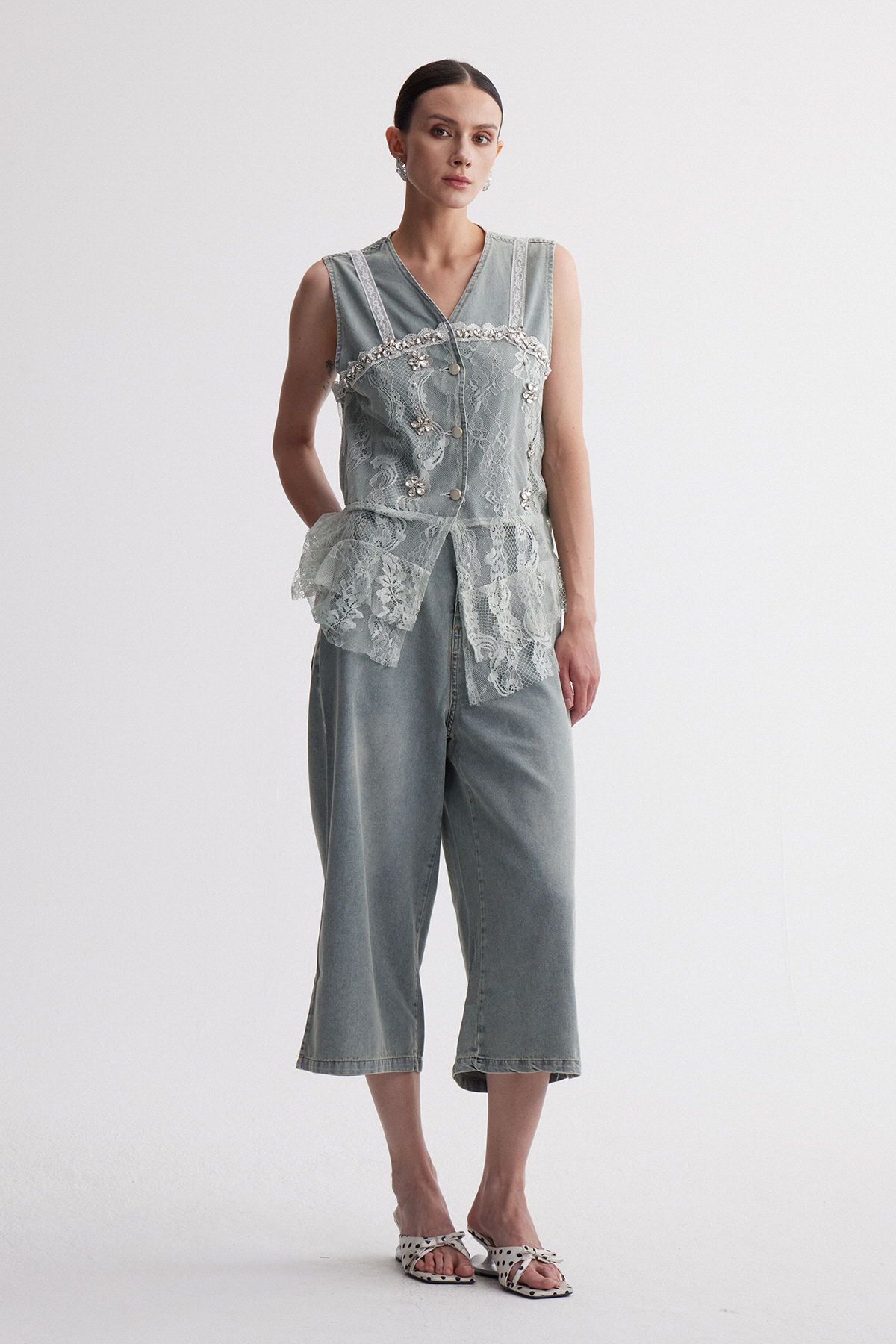 Irida Lace Deconstruct Denim Pants Set