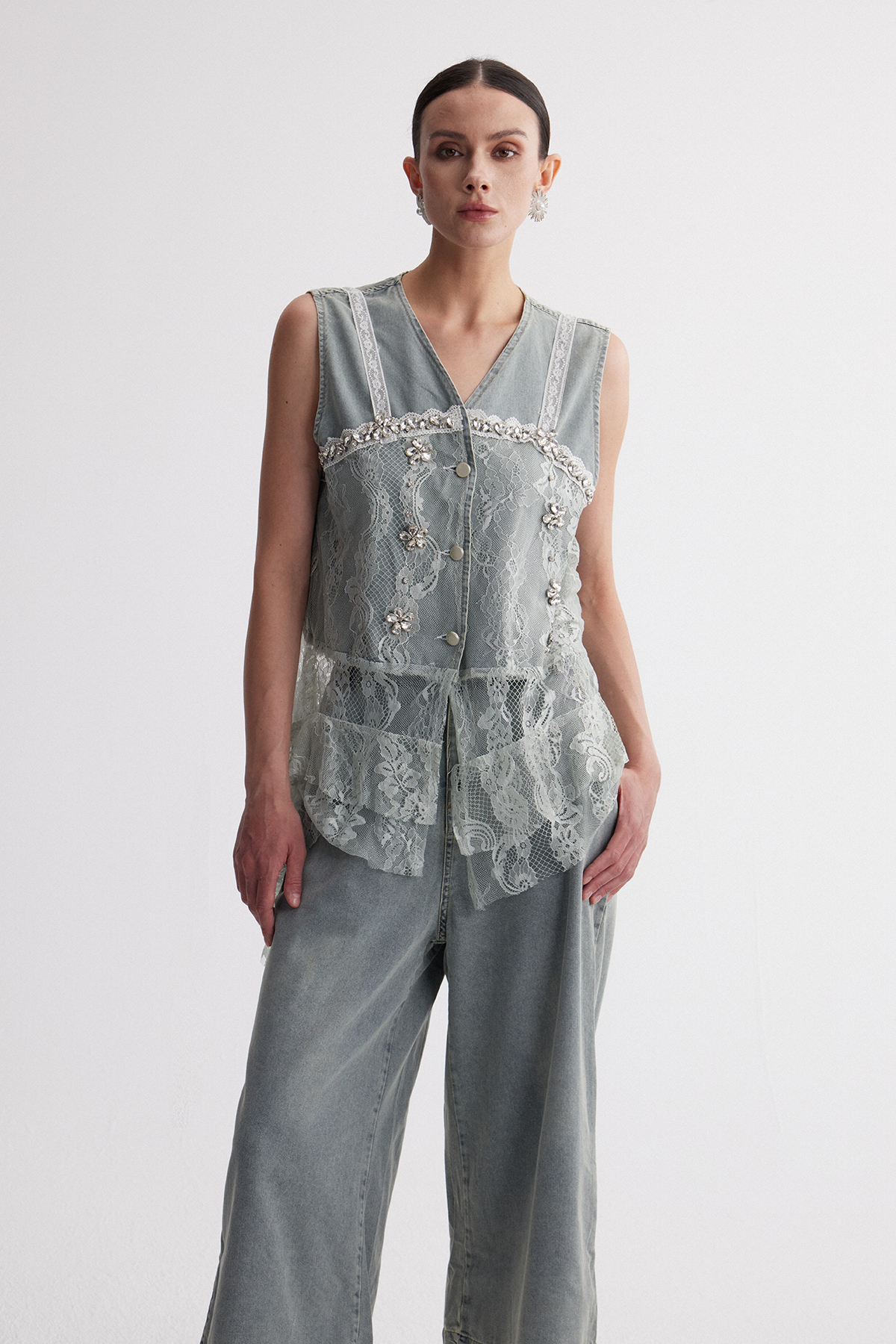 Irida Lace Deconstruct Denim Pants Set