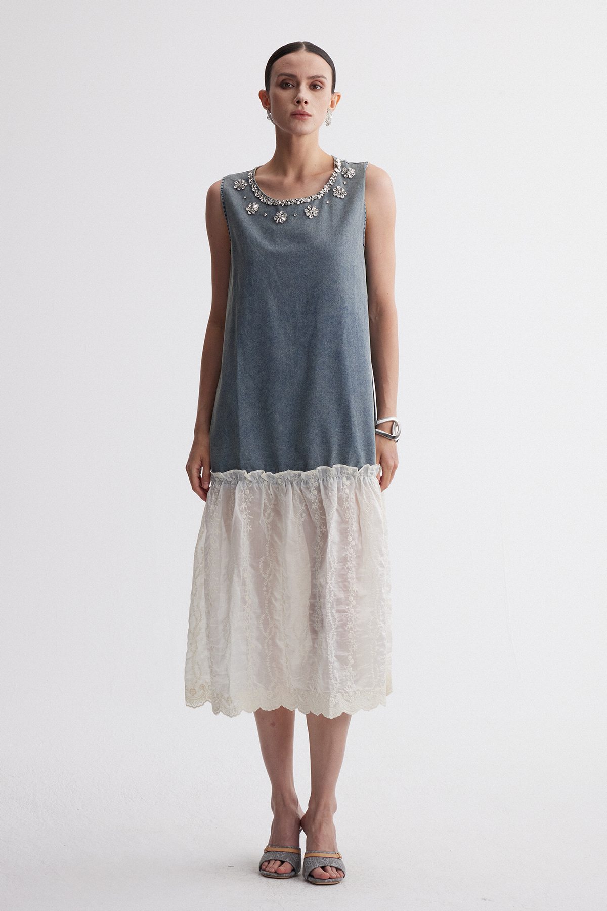 Iridian Sleeveless Crystal Denim Midi Dress