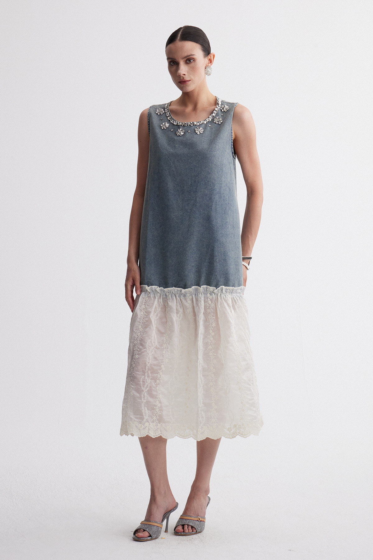 Iridian Sleeveless Crystal Denim Midi Dress