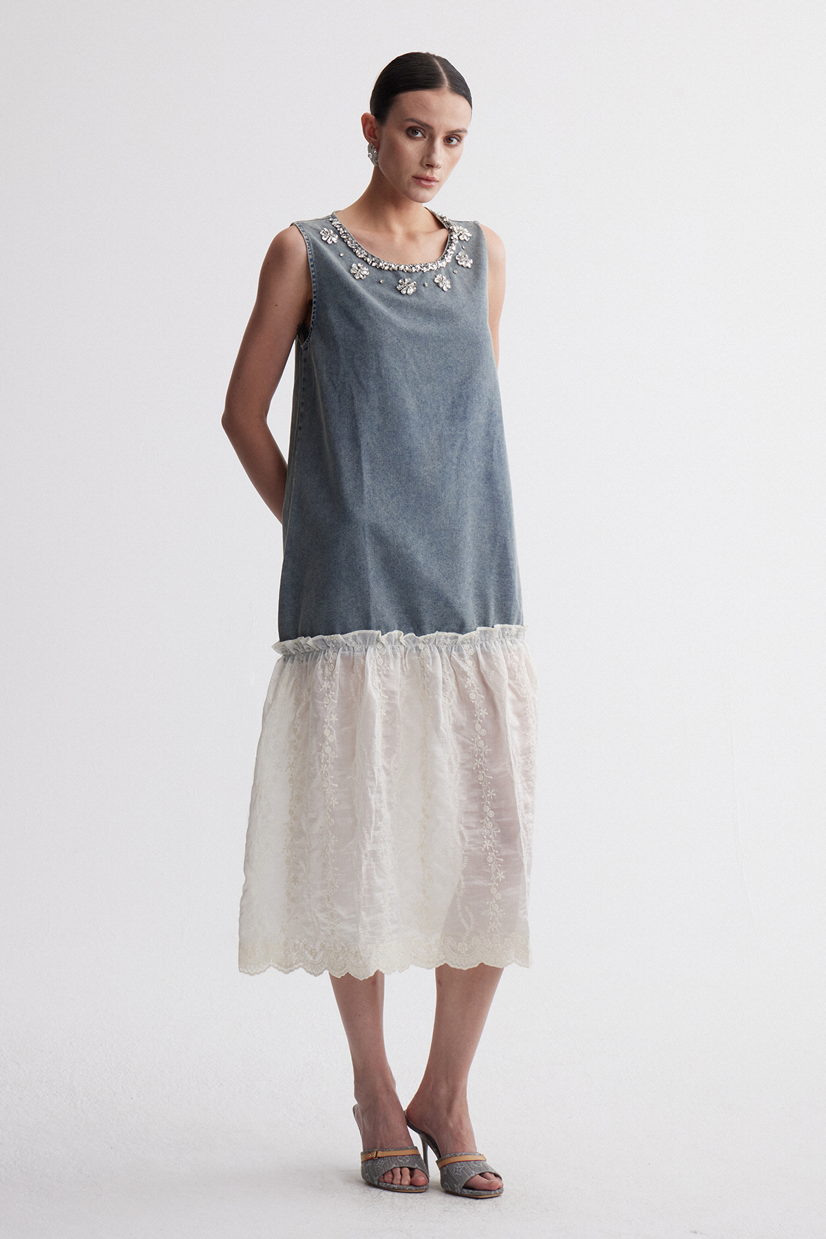 Iridian Sleeveless Crystal Denim Midi Dress
