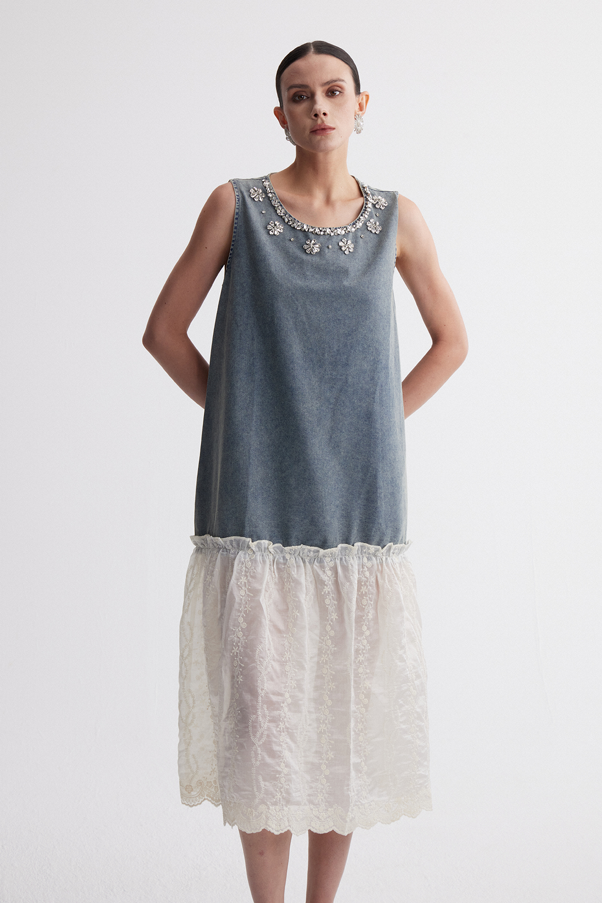 Iridian Sleeveless Crystal Denim Midi Dress