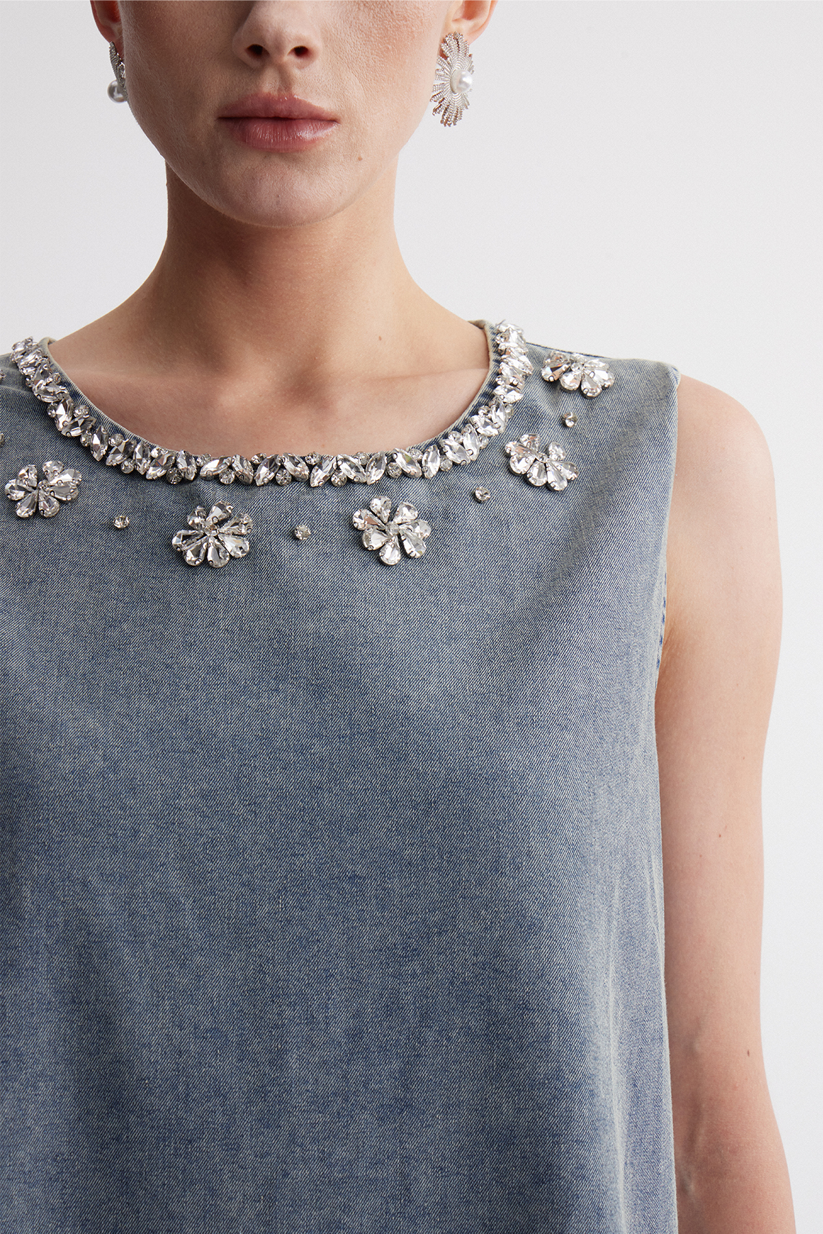 Iridian Sleeveless Crystal Denim Midi Dress