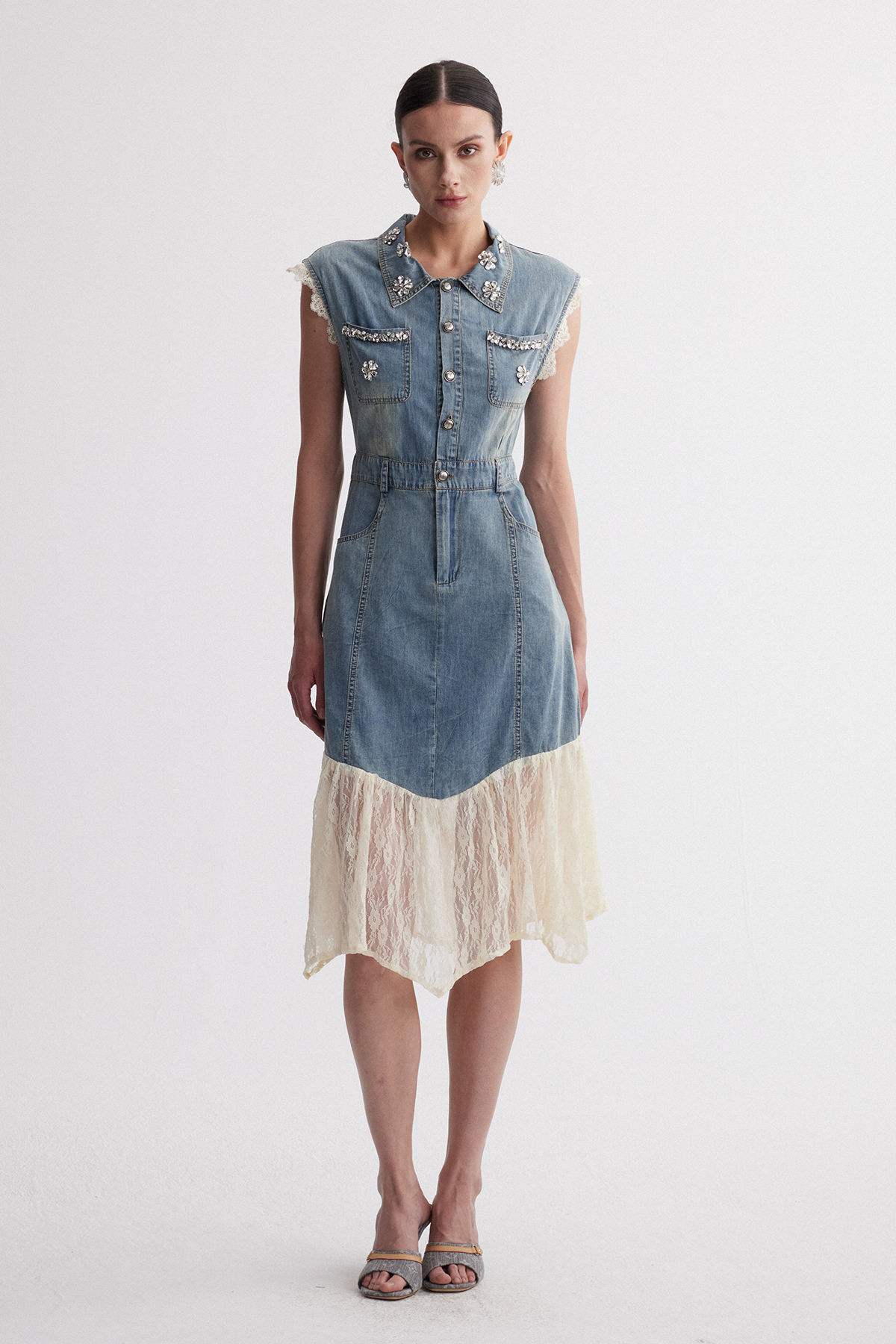 Iridian Sleeveless Lace Denim Midi Dress