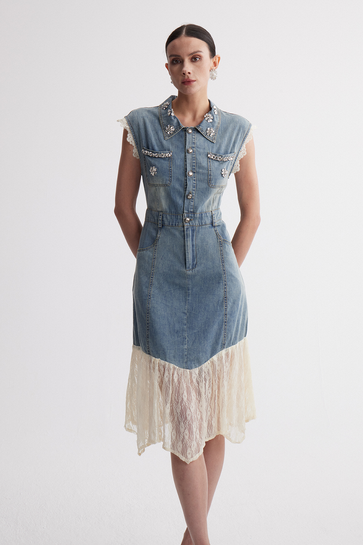 Iridian Sleeveless Lace Denim Midi Dress