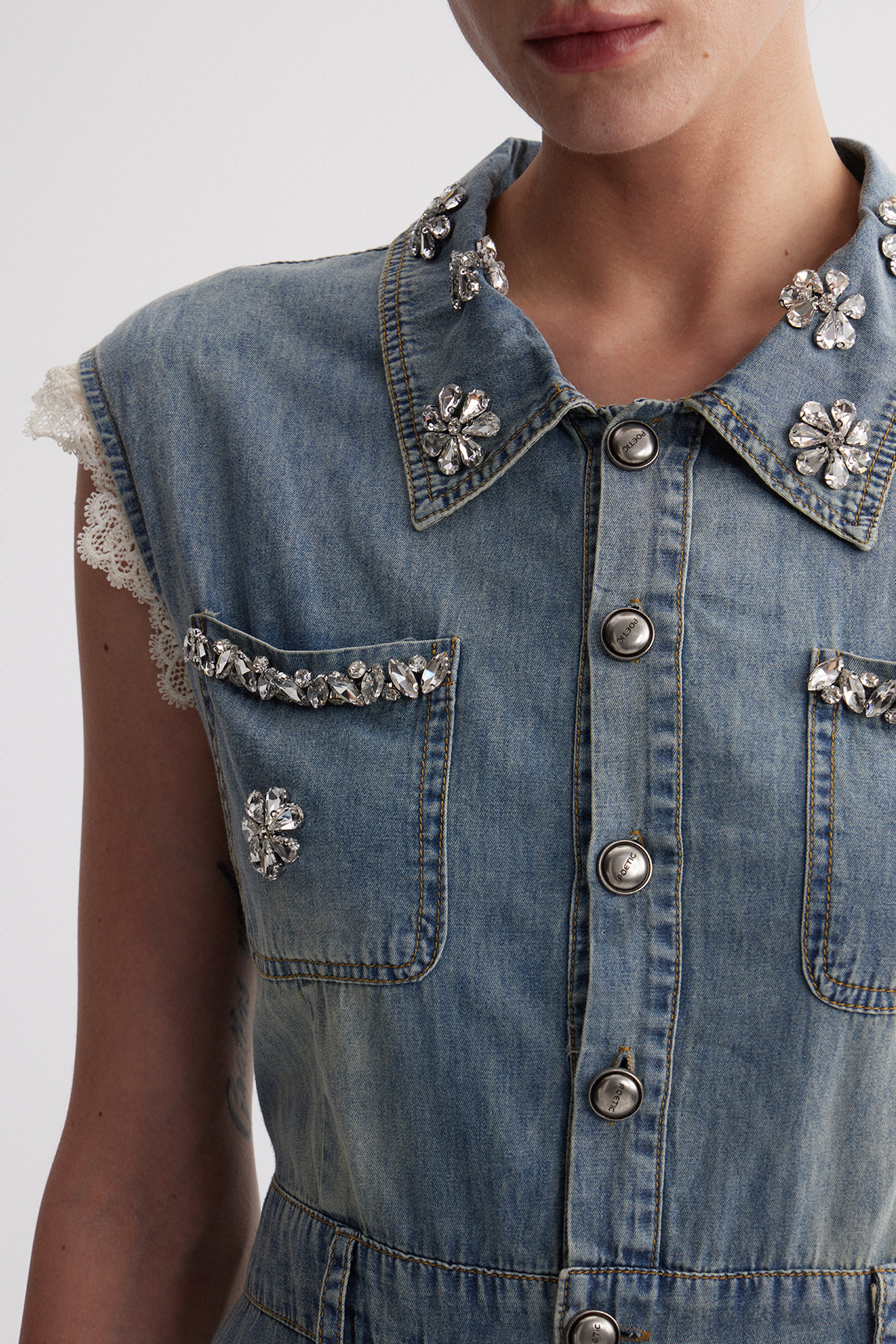 Iridian Sleeveless Lace Denim Midi Dress